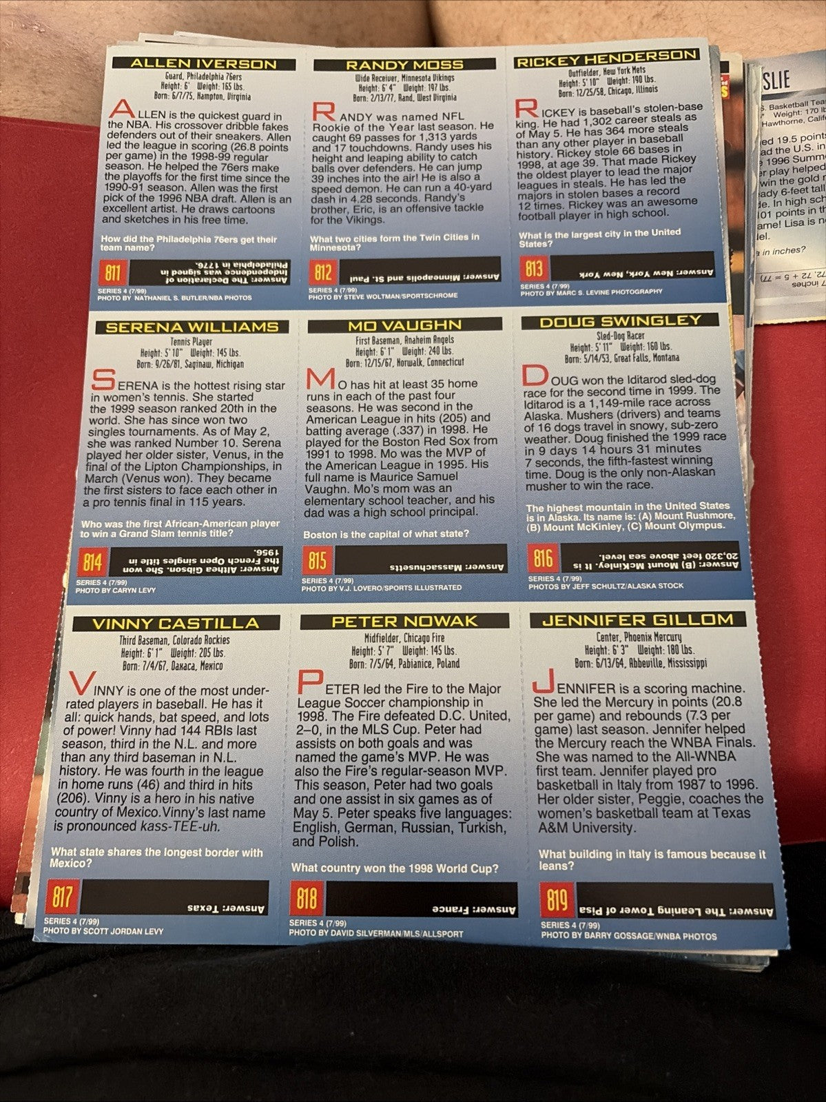 1999 Sports Illustrated For Kids Uncut Sheet Serena Williams Tennis Rookie RC
