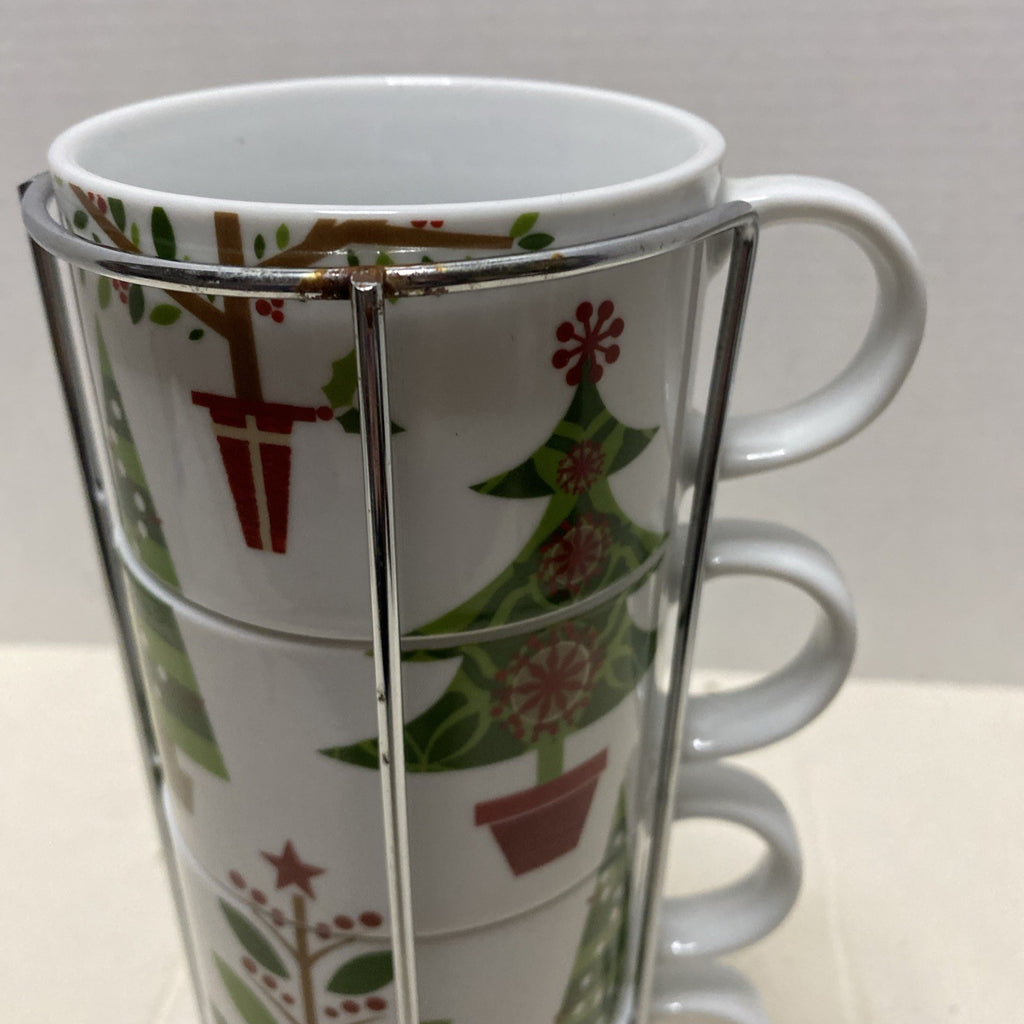 Pier 1 Imports Stacking Christmas Tree Mugs Set of 4 Metal Rack