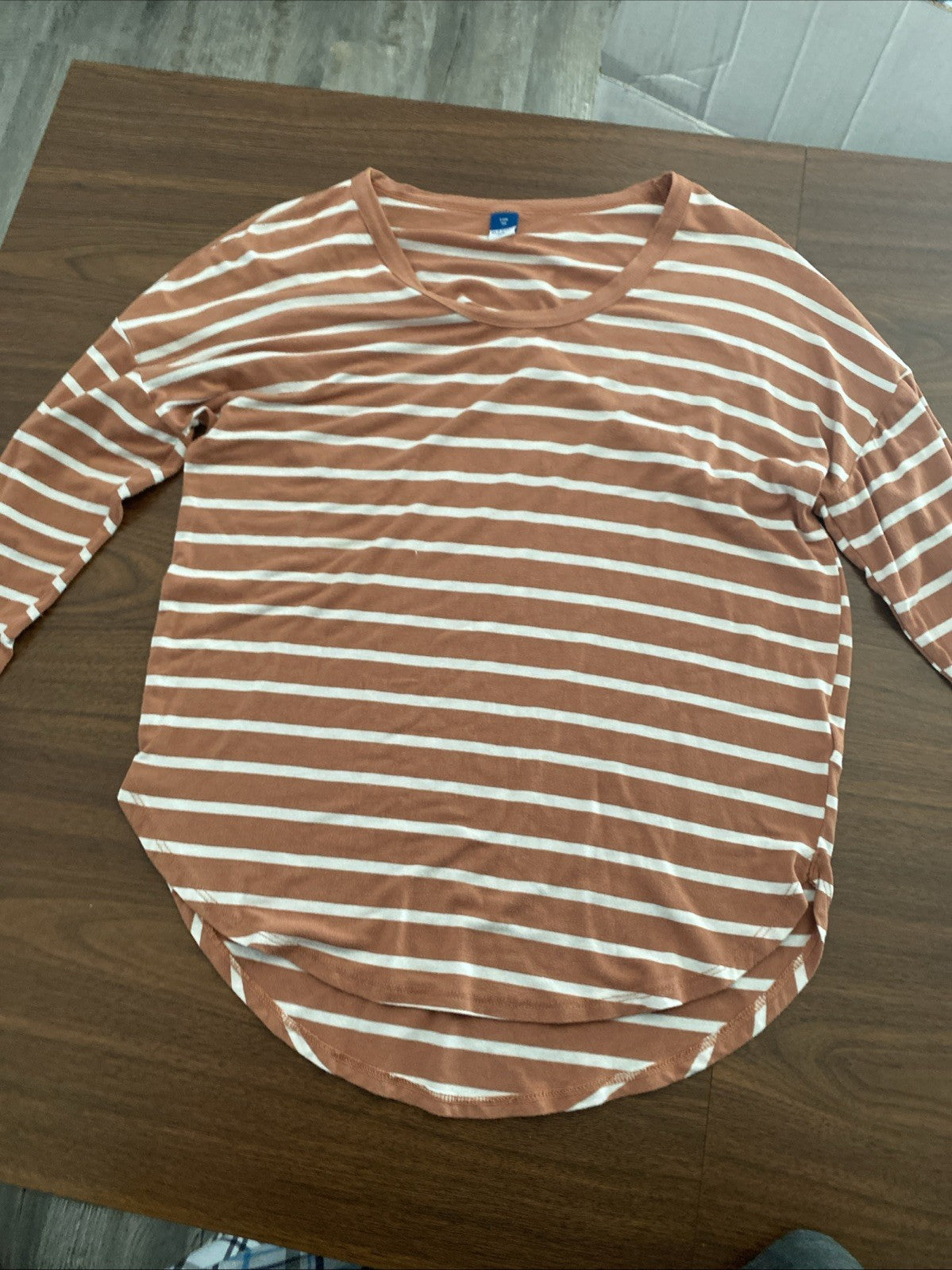 Old Navy women’s extra small long sleeve cotton tan and white striped shirt