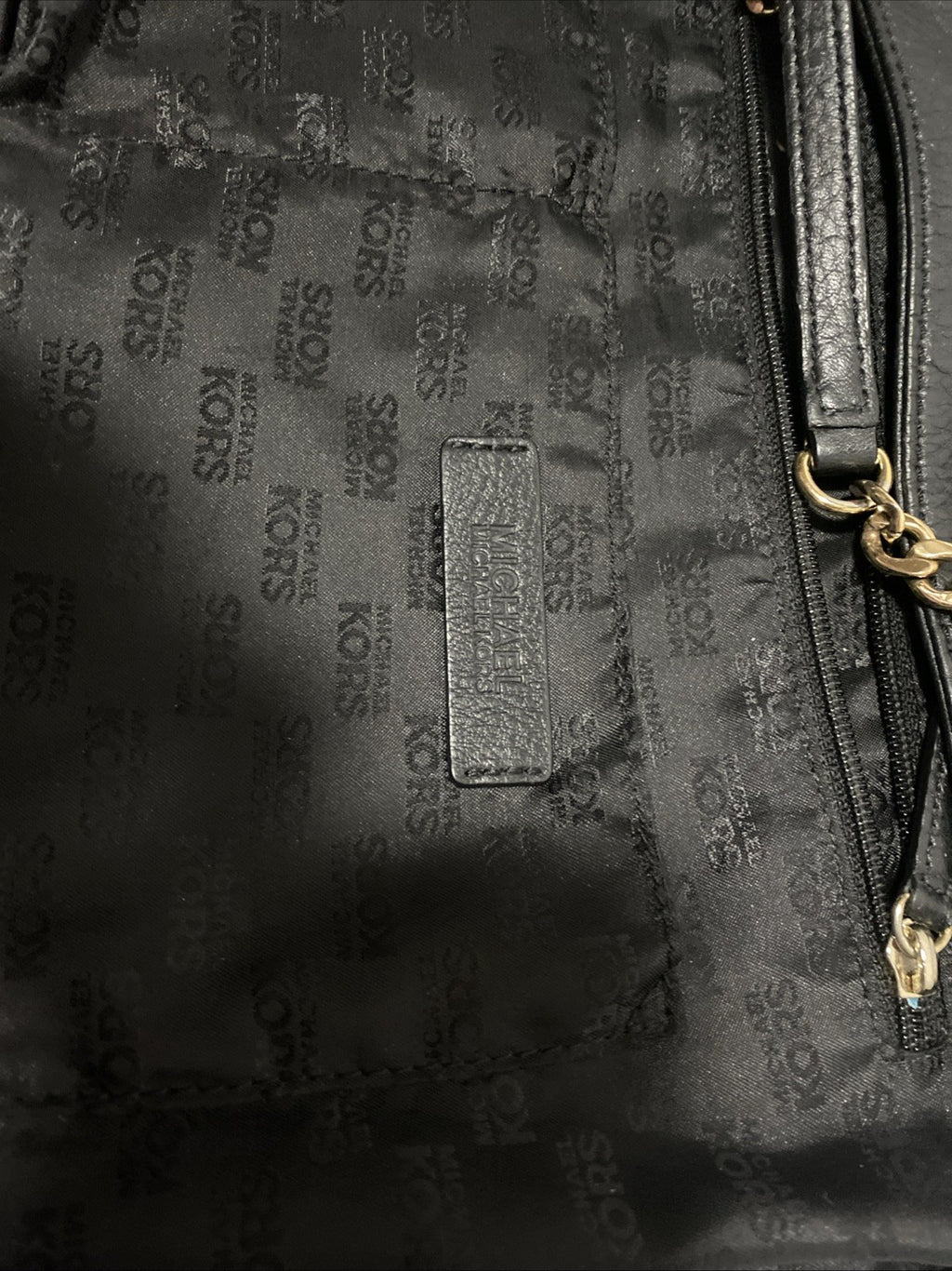 Michael Kors Black Pebbled Leather Handbag Purse Gold Medallion MK Chain EUC