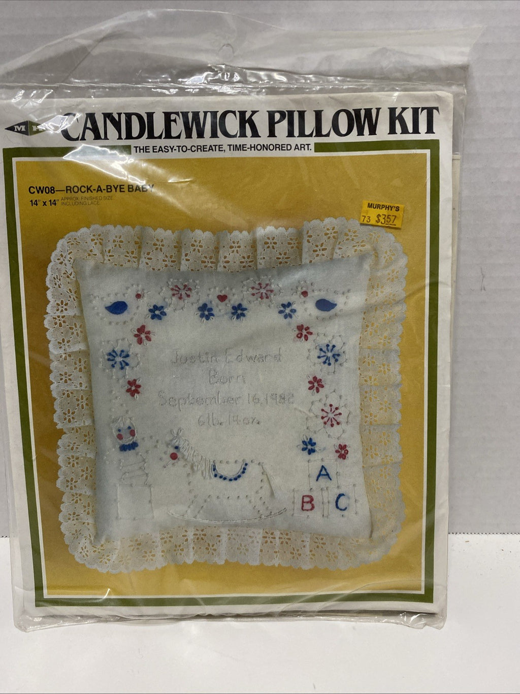 Candlewick Embroidery Birth Announcement Pillow Kit 14" x 14" NIP 
