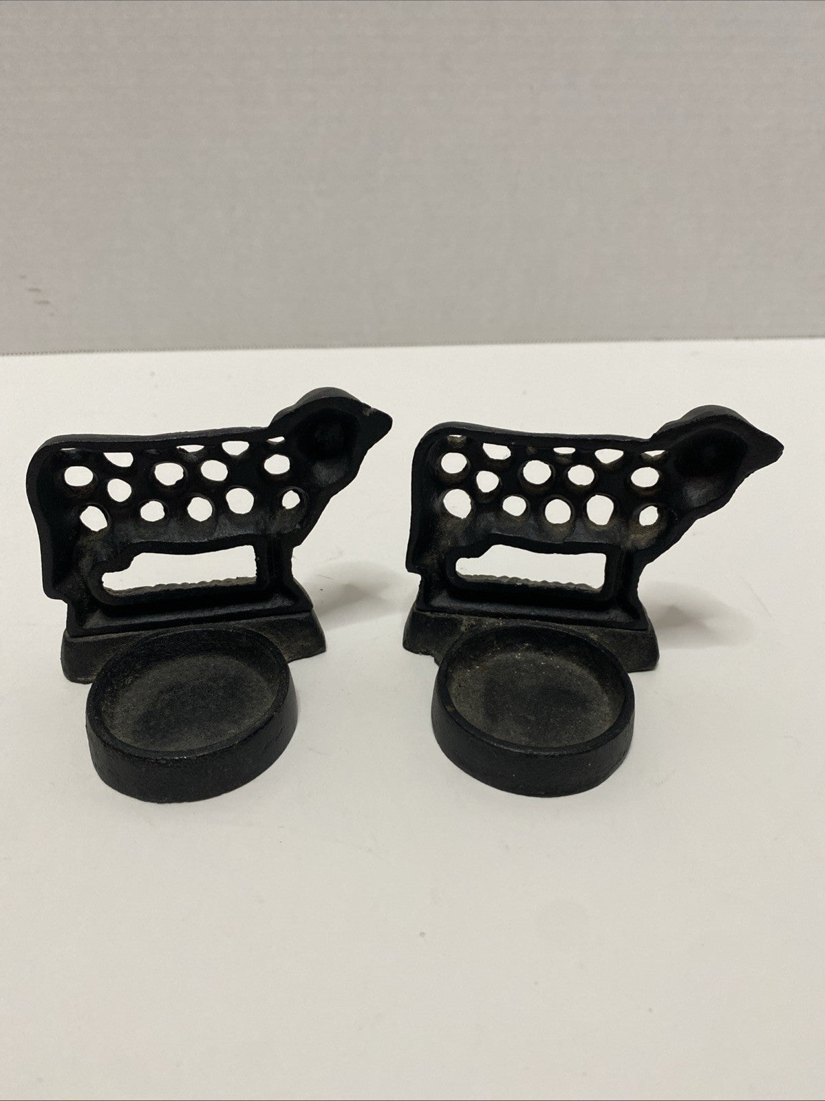 2 Vintage Cow Black Cast Iron Tea Light Candle Holder Cute Design