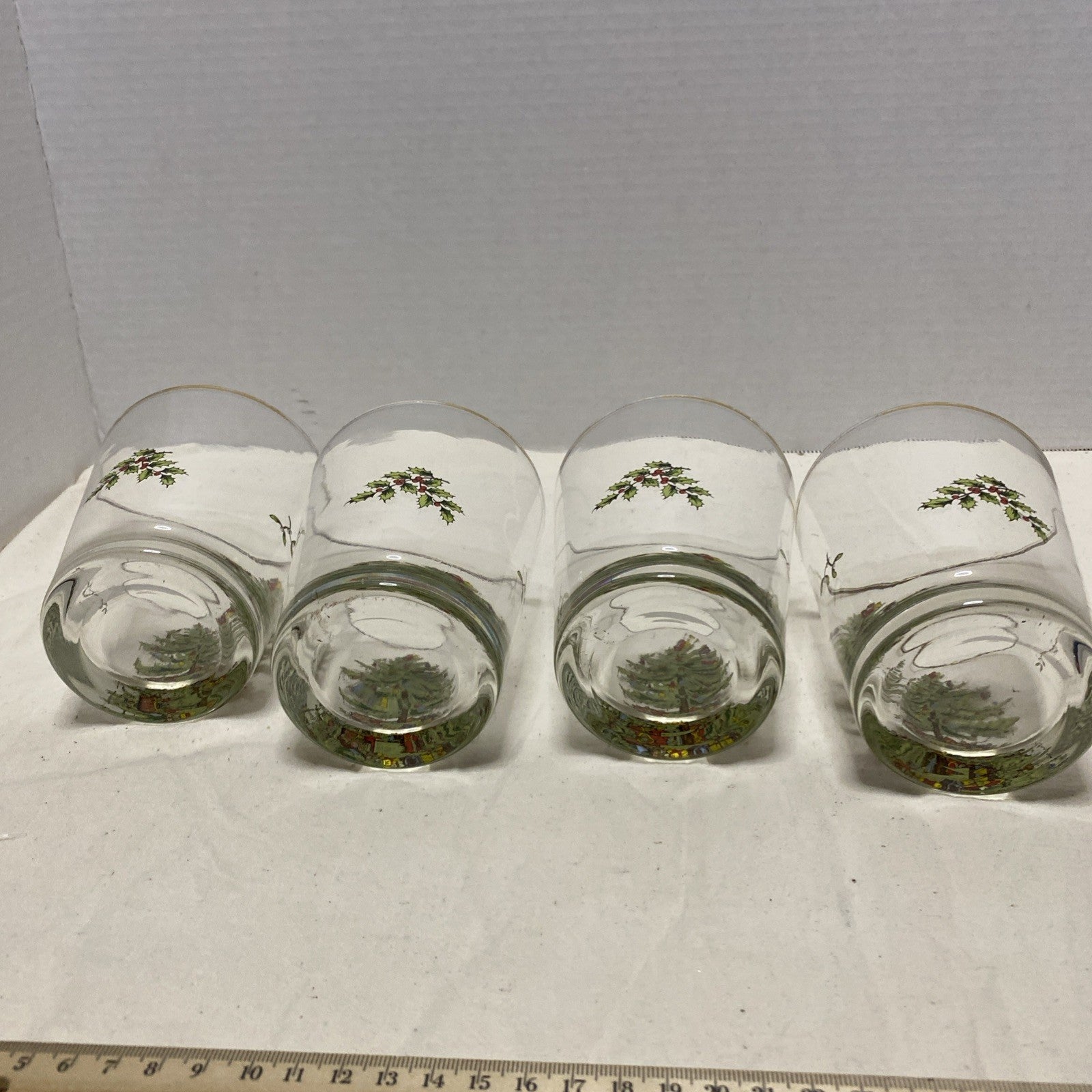 Spode Christmas Tree Double Old Fashioned Rocks Glass Gold Trim Lot of 4