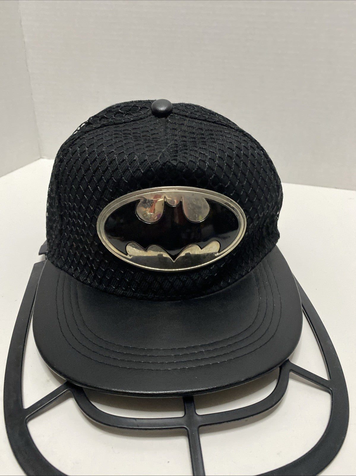Batman Logo Snapback Hat Black Faux Leather Brim Baseball Cap