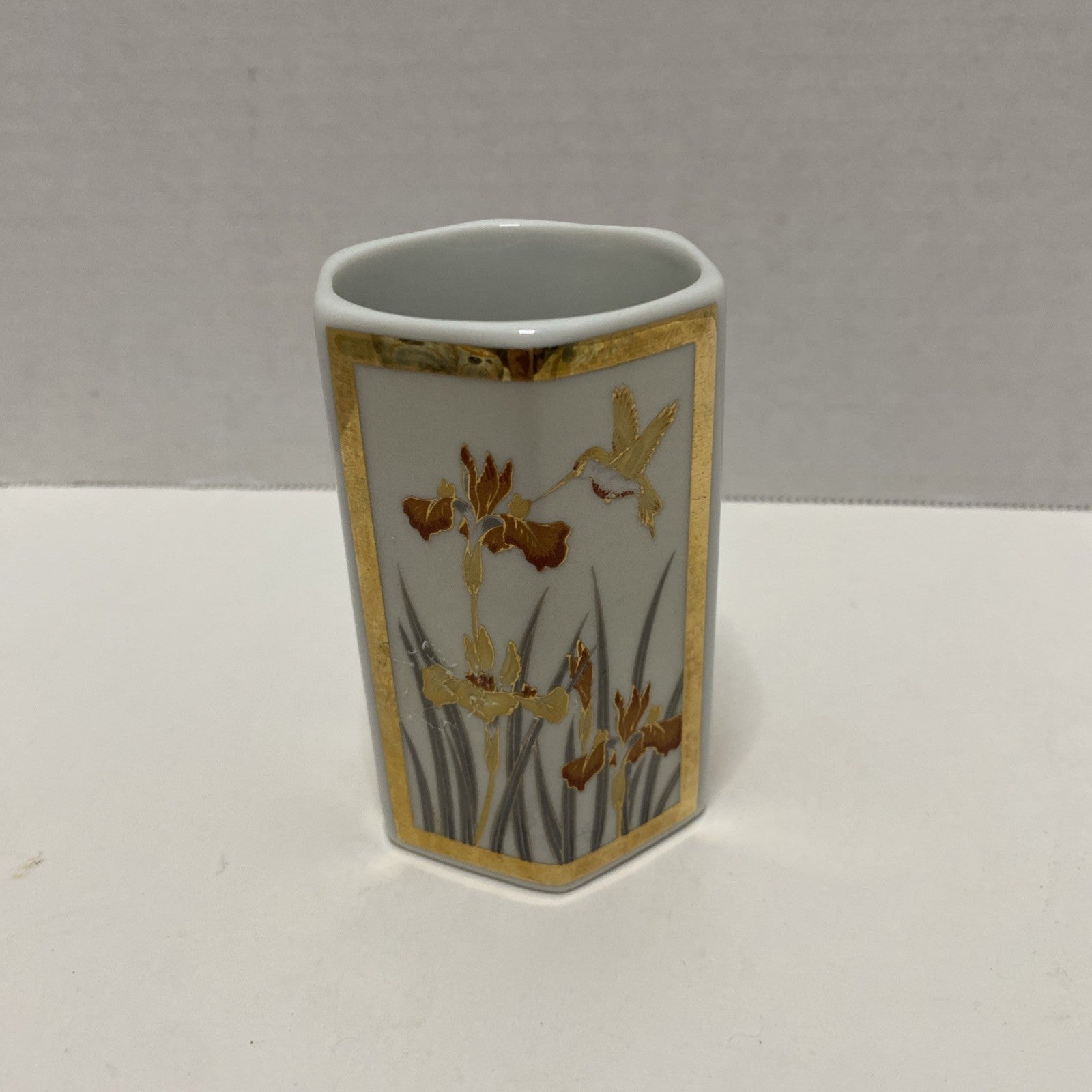 Vintage Gold Hummingbird Iris Orchid  Hexagonal Ceramic Bud Vase