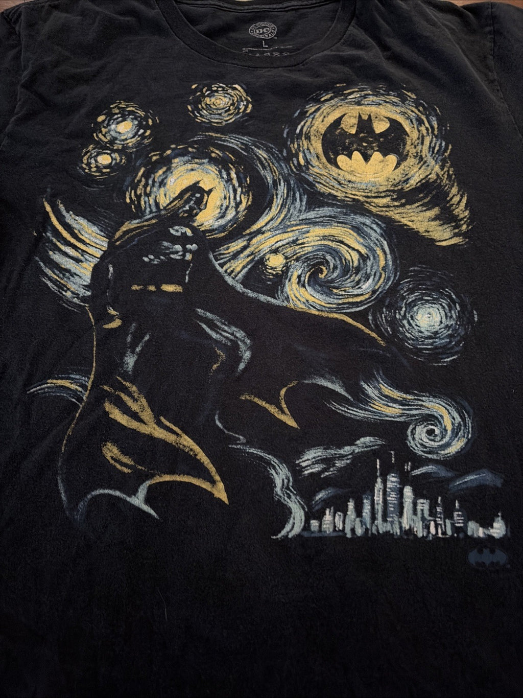Batman Gotham City T-Shirt Mens L Black Bat Signal Van Gogh Starry Night Style