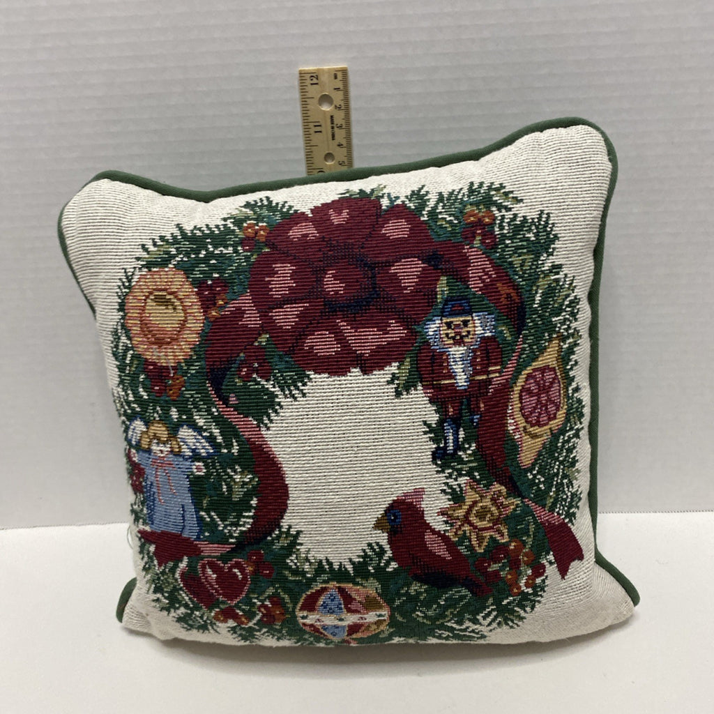 Vtg Needlepoint Tapestry Throw Pillow Wreath Nutcracker Angel Cardinal Christmas