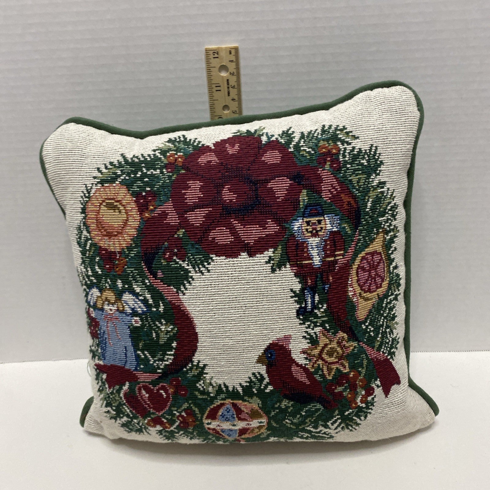Vtg Needlepoint Tapestry Throw Pillow Wreath Nutcracker Angel Cardinal Christmas