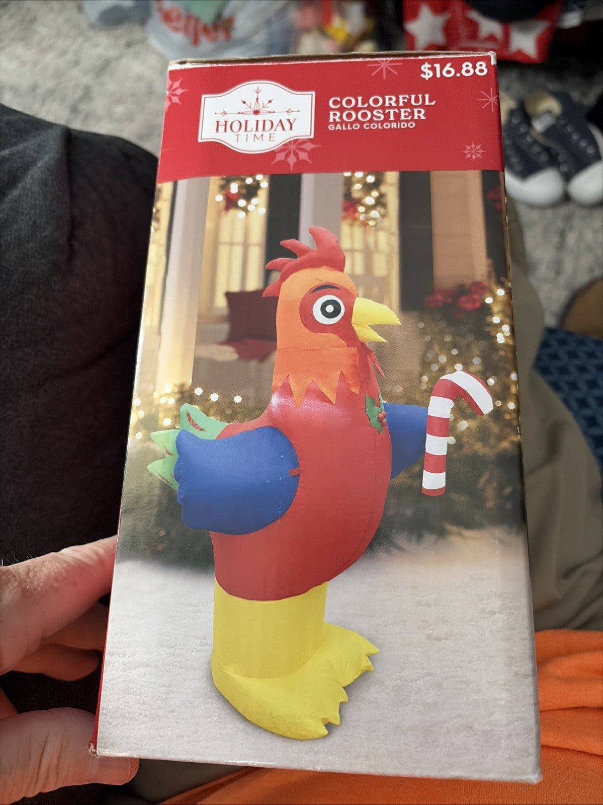 Christmas Rooster Colorful Self-Inflates w Candy Cane In/Outdoor 4’Tall Open Box