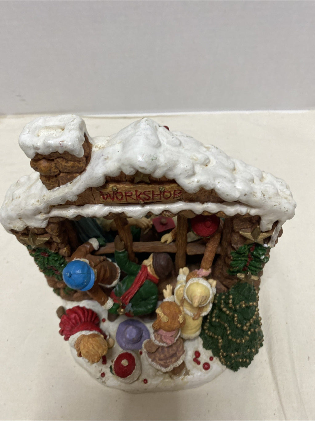 VTG 2-SIDED SANTA’S WORKSHOP CHRISTMAS FIGURE  7”H LOTS OF TOYS & SANTA AT WORK!