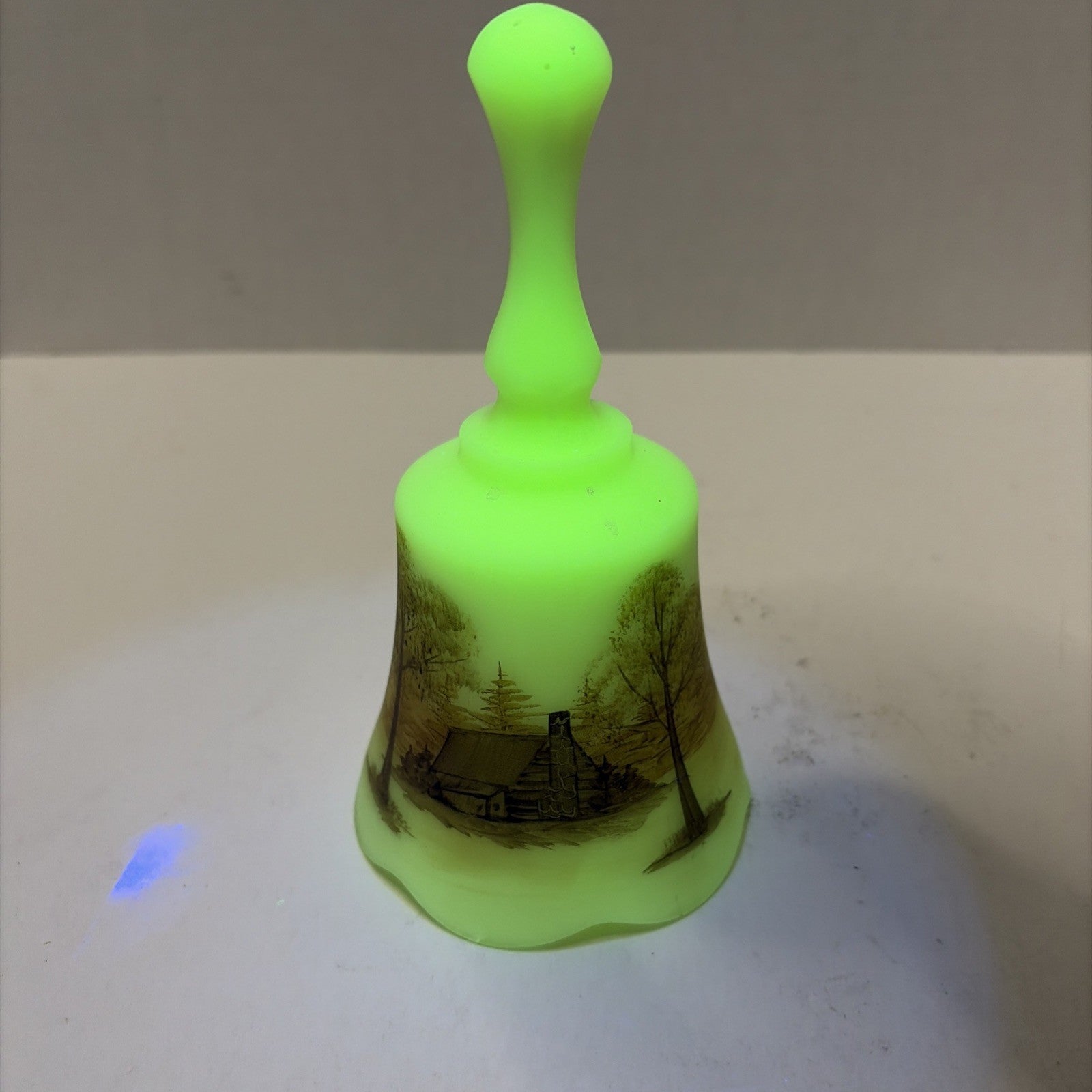 Vintage Fenton Uranium Custard Glass Bell Log Cabin Hand Painted Signed ~ Glows