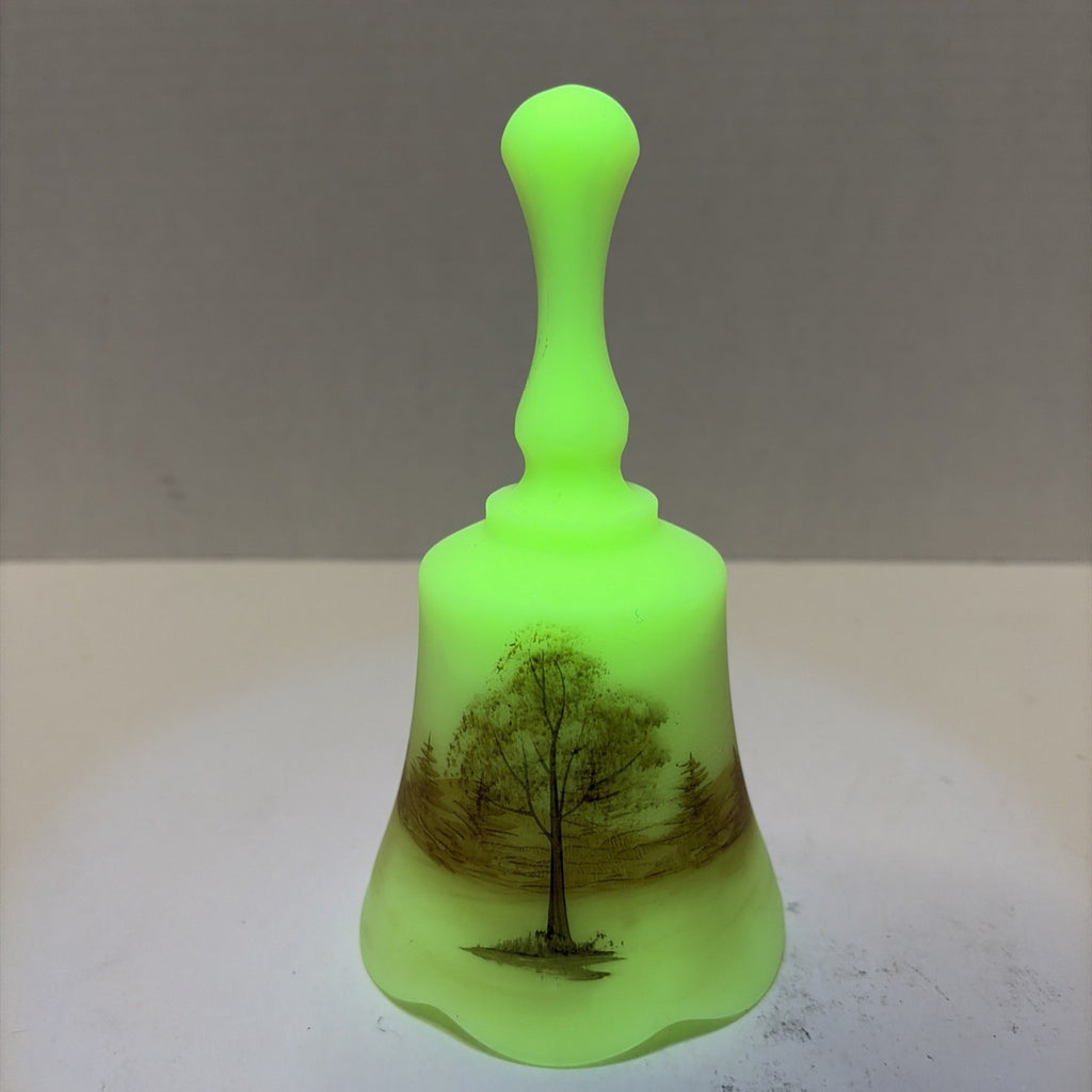 Vintage Fenton Uranium Custard Glass Bell Log Cabin Hand Painted Signed ~ Glows