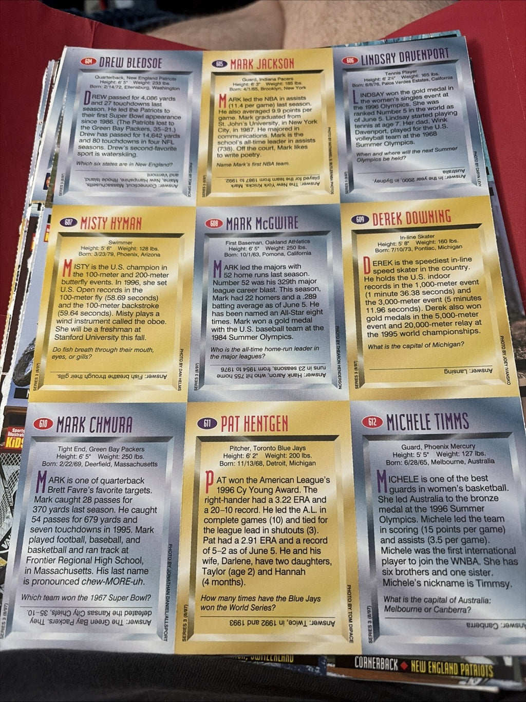 Sports illustrated for Kids August 1997 Uncut Card Sheet - Mark McGwire, Bledsoe