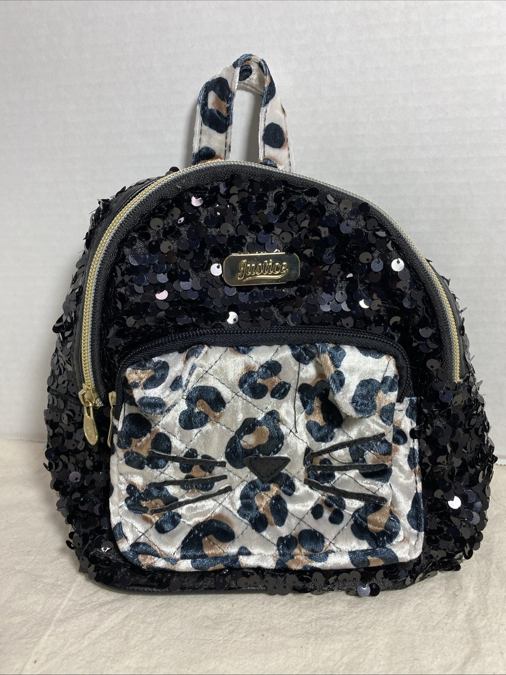 Fur Cat Face Purse Backpack Bag Satchel Girls Justice-Kitty Leopard Sequined