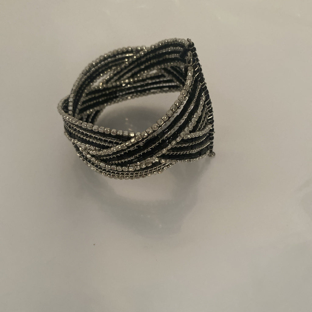 Vintage Cuff Bracelet Open Cuff 5" Silvertone Black 1.5" Wide 1970-1980