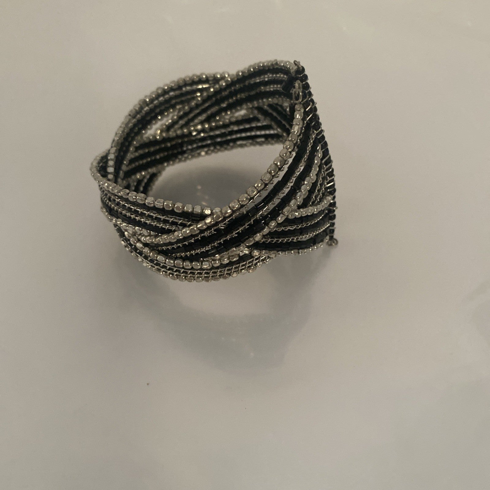Vintage Cuff Bracelet Open Cuff 5" Silvertone Black 1.5" Wide 1970-1980