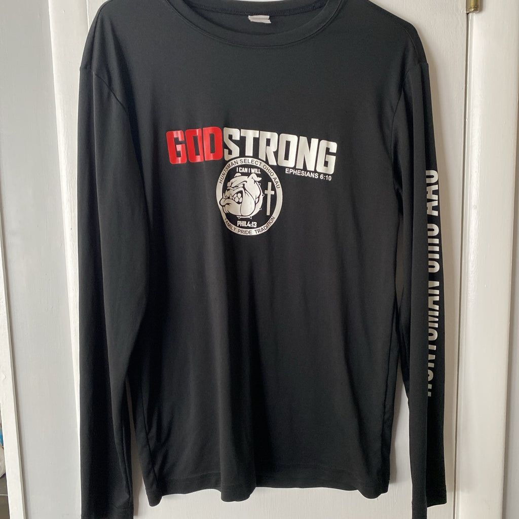 God strong long sleeve black sweat wicking Philippians 4:13 size small AAU baske
