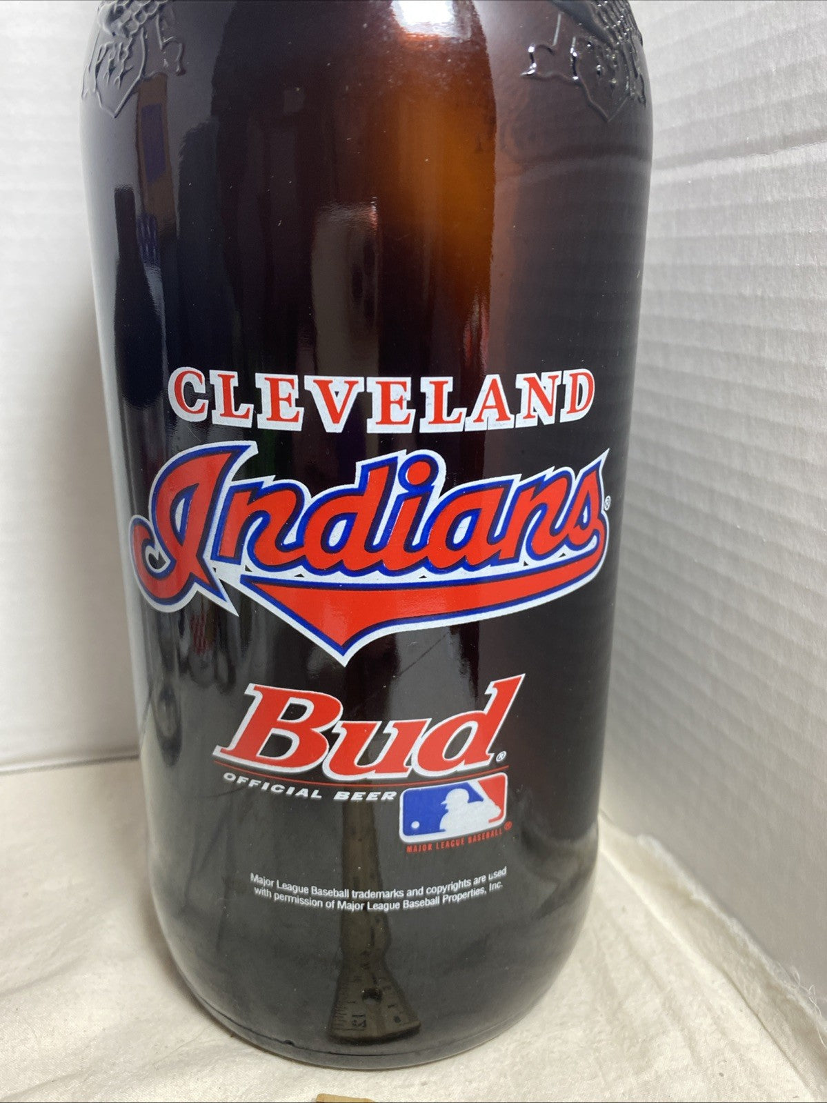 Cleveland Indians Budweiser Beer Large Glass Bottle 14 1/2" Tall
