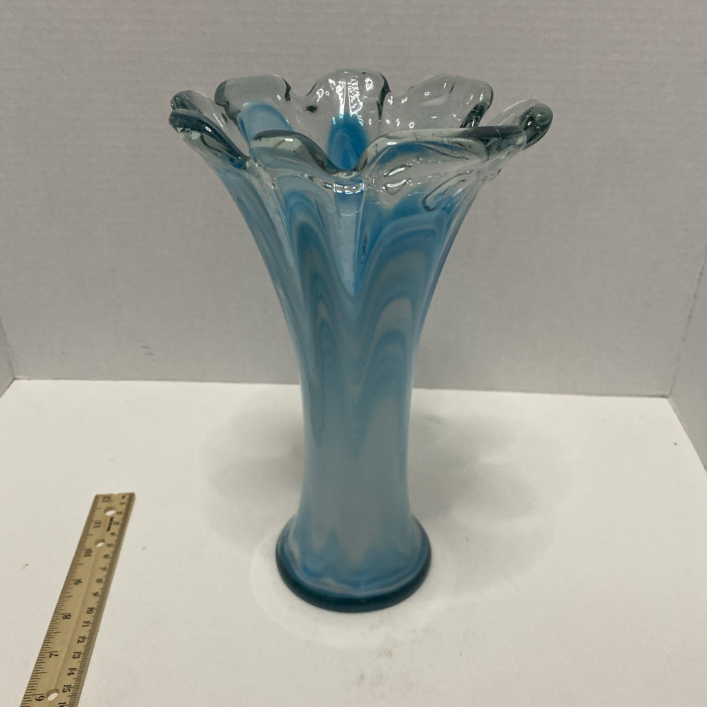 Vintage Hand Blown Art Glass Blue & White Swirl Design 11” Vase