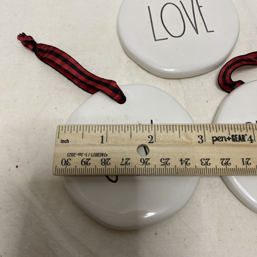 Rae Dunn Set of 3 Christmas Ornaments “ joy peace love” White  3” Diameter Boxed