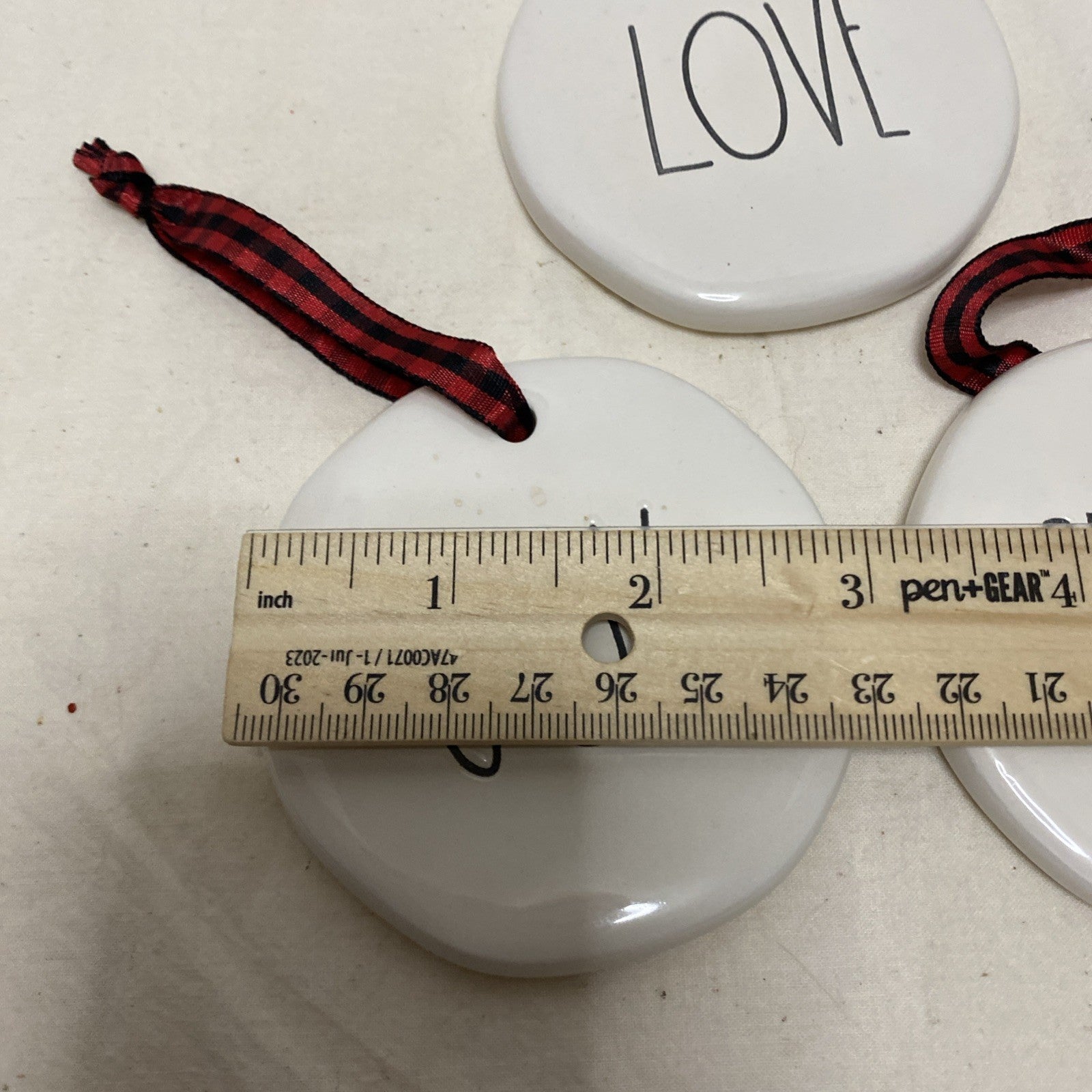 Rae Dunn Set of 3 Christmas Ornaments “ joy peace love” White  3” Diameter Boxed