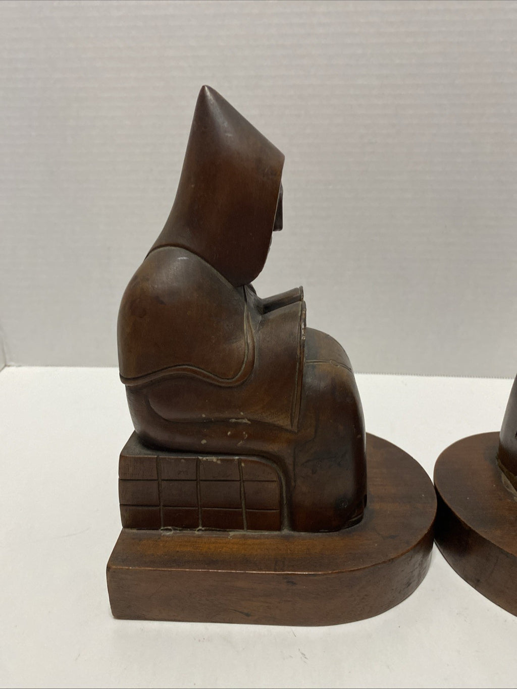 Vintage Hand Carved Wooden Monk Bookends Mid century dark wood christian hermit