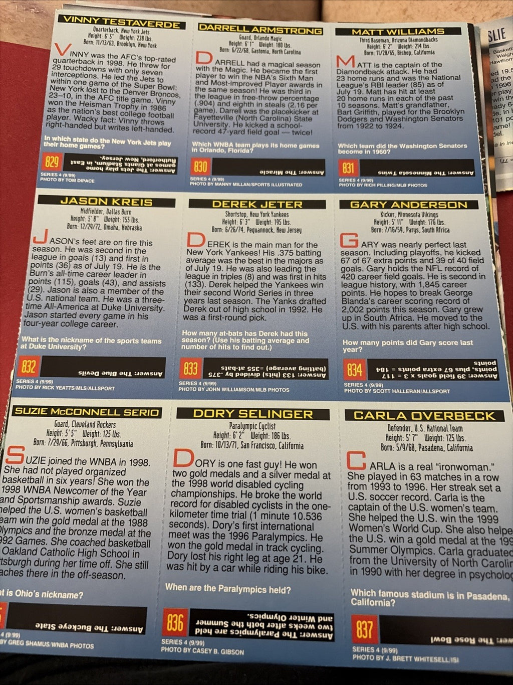 1999 Sports Illustrated for Kids Series 4 (9/99) Uncut Sheet Derek Jeter