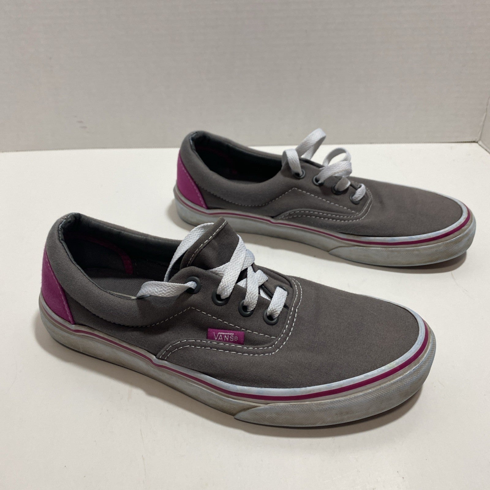 Pink And Grey Low Top Athletic Vans. Men 6 Women 7.5