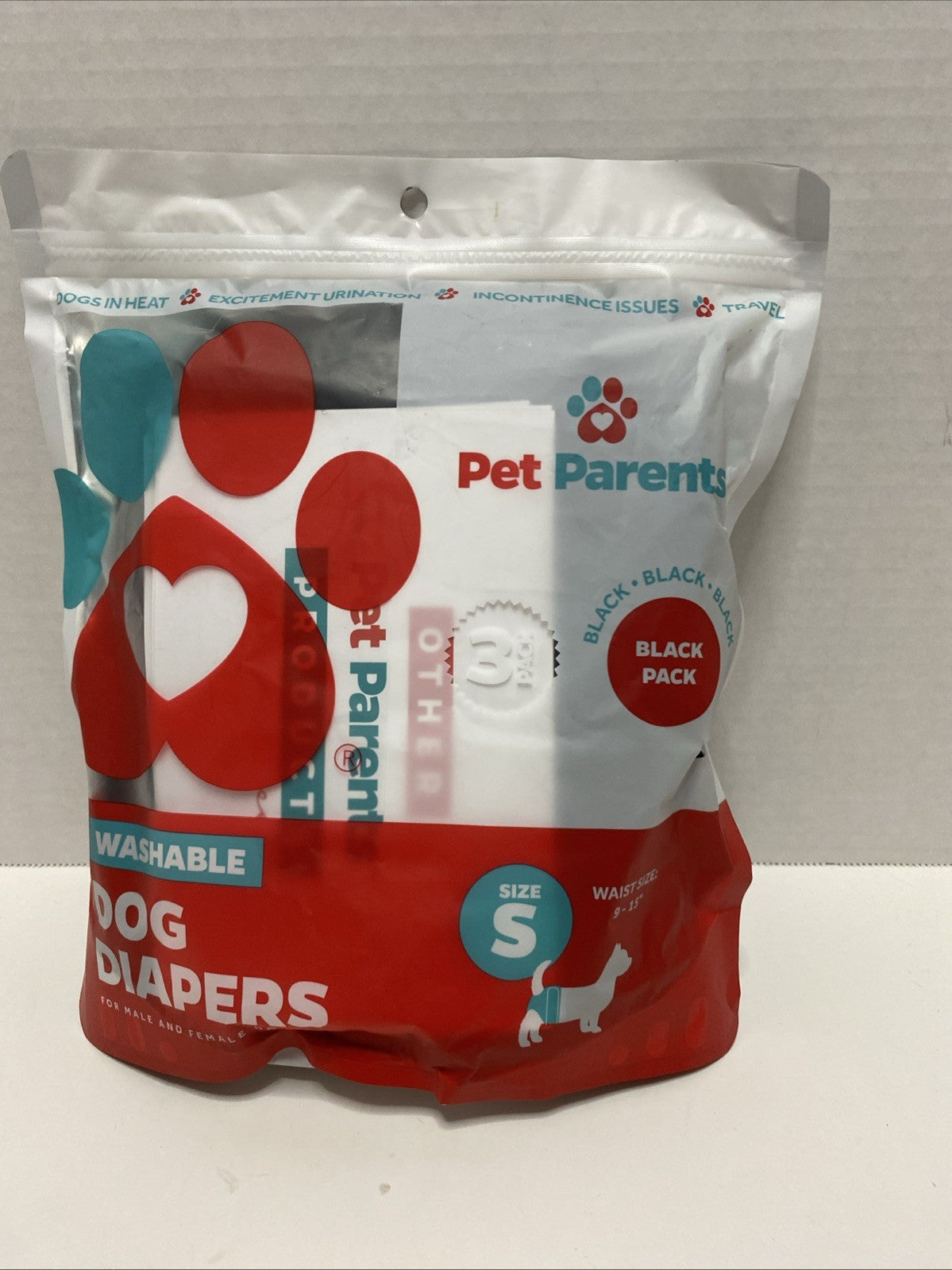 NEW PACK - 3 BLACK Pet Parents Washable Dog Diapers SMALL