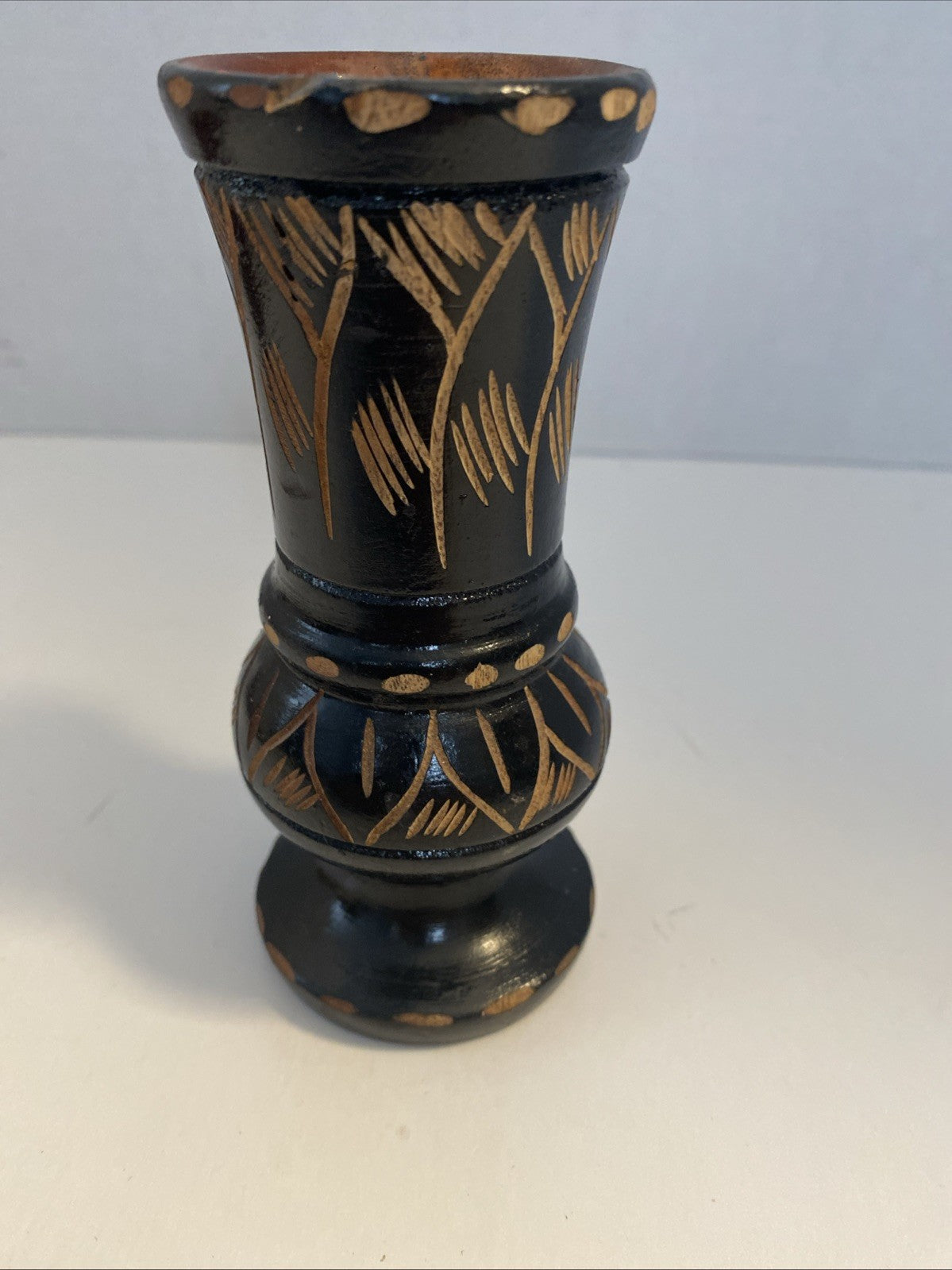 Small Black Haiti Wood Vase with Artisan Hand Carvings around 5” tall