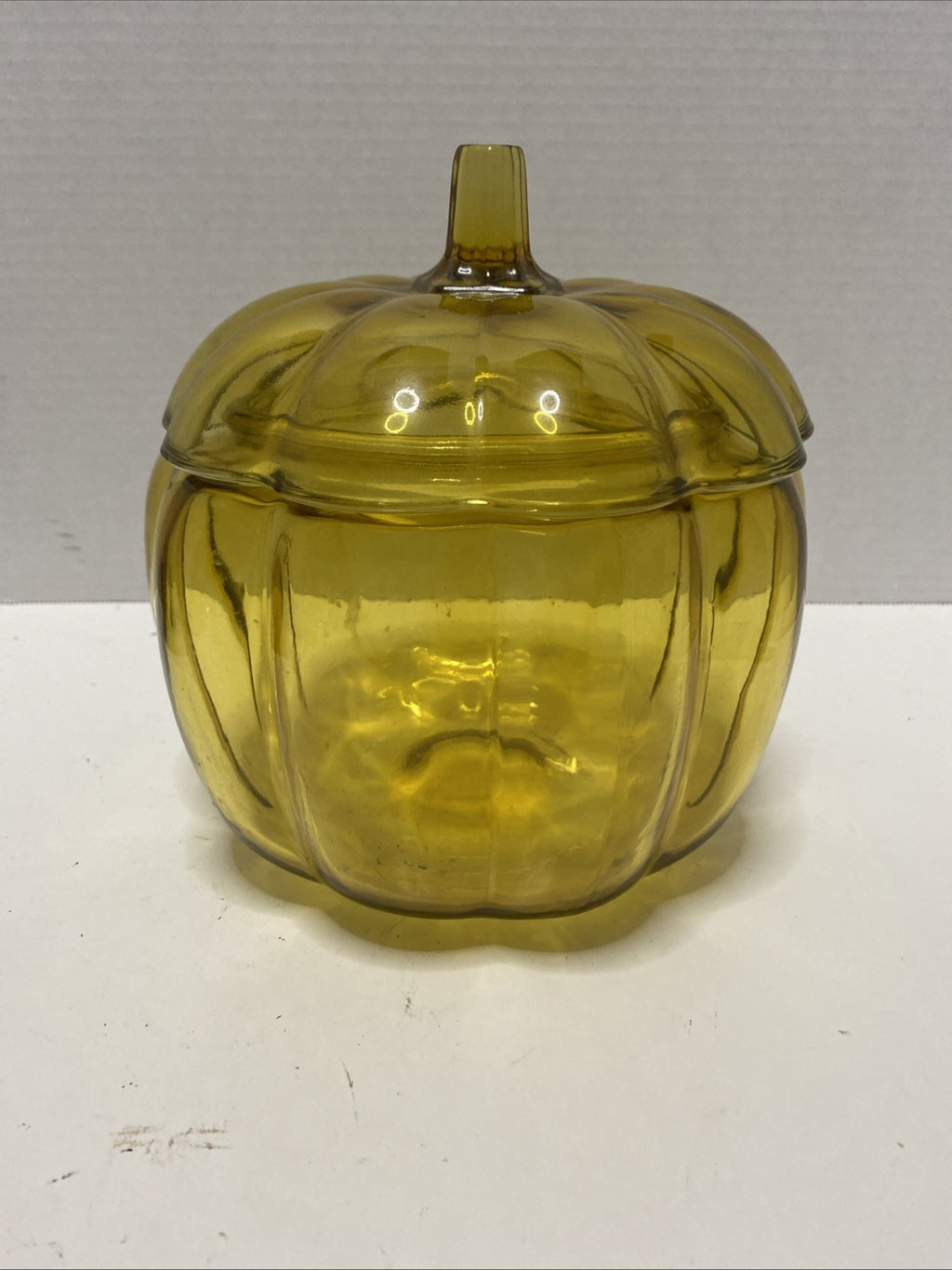 Amber Glass Pumpkin Canister Cookie Jar Candy Dish Anchor Hocking  ~7.25” Tall