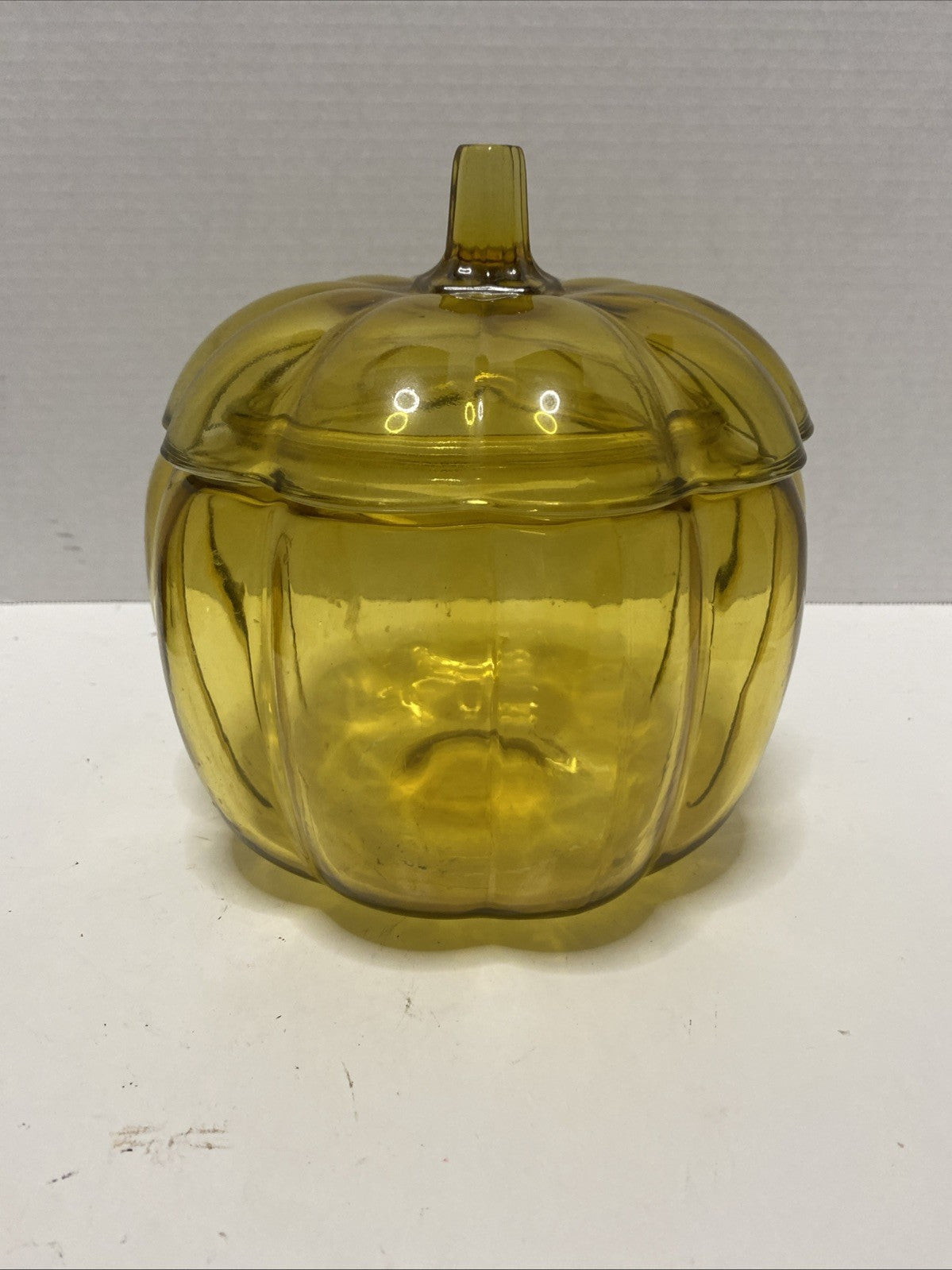 Amber Glass Pumpkin Canister Cookie Jar Candy Dish Anchor Hocking  ~7.25” Tall