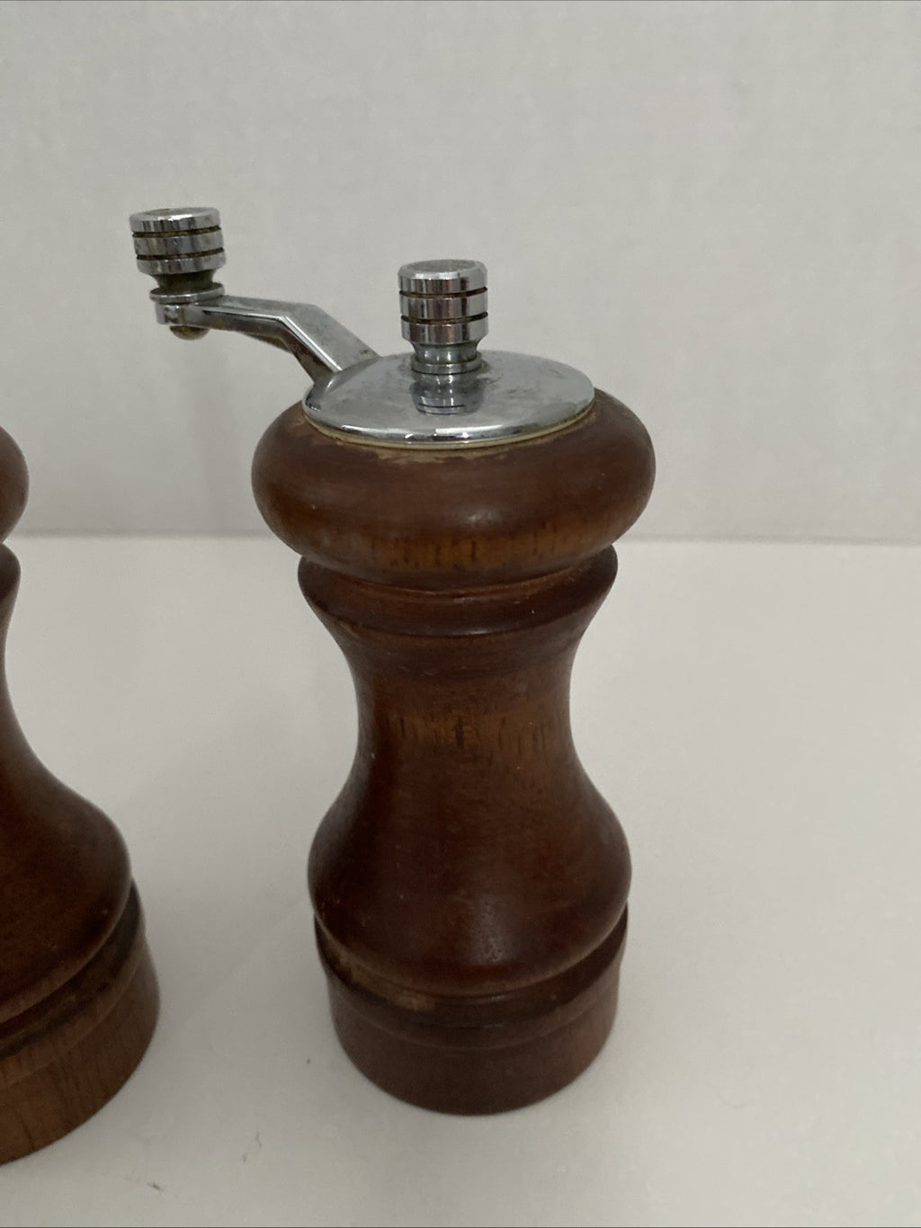 Vintage Heavy Salt & Pepper Shakers Set Wooden Catalina Forged Steel Gear
