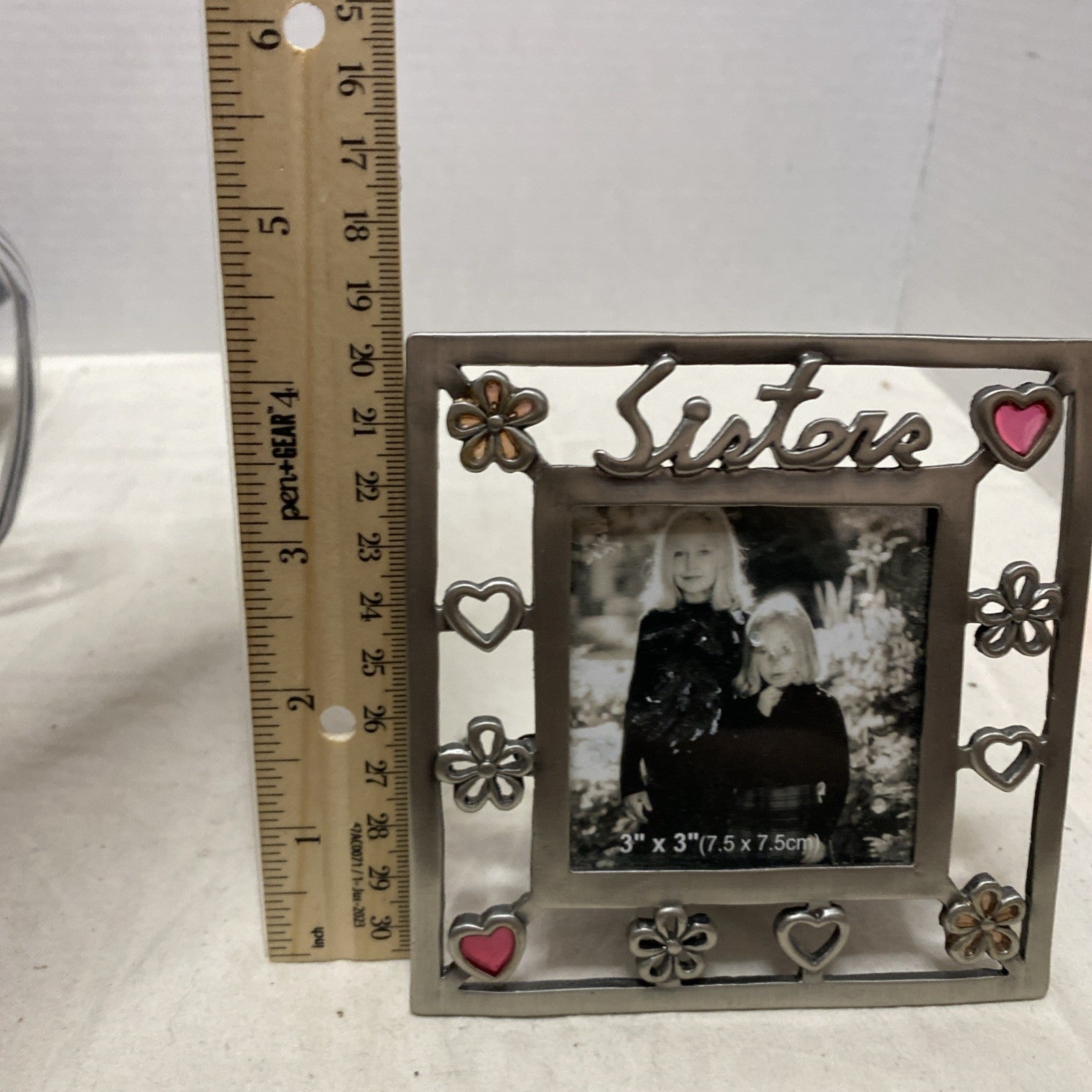 EUC Pewter-Look Square "Sisters" Photo Frame, Hearts/Flowers, Opening=2"+ x 2"+