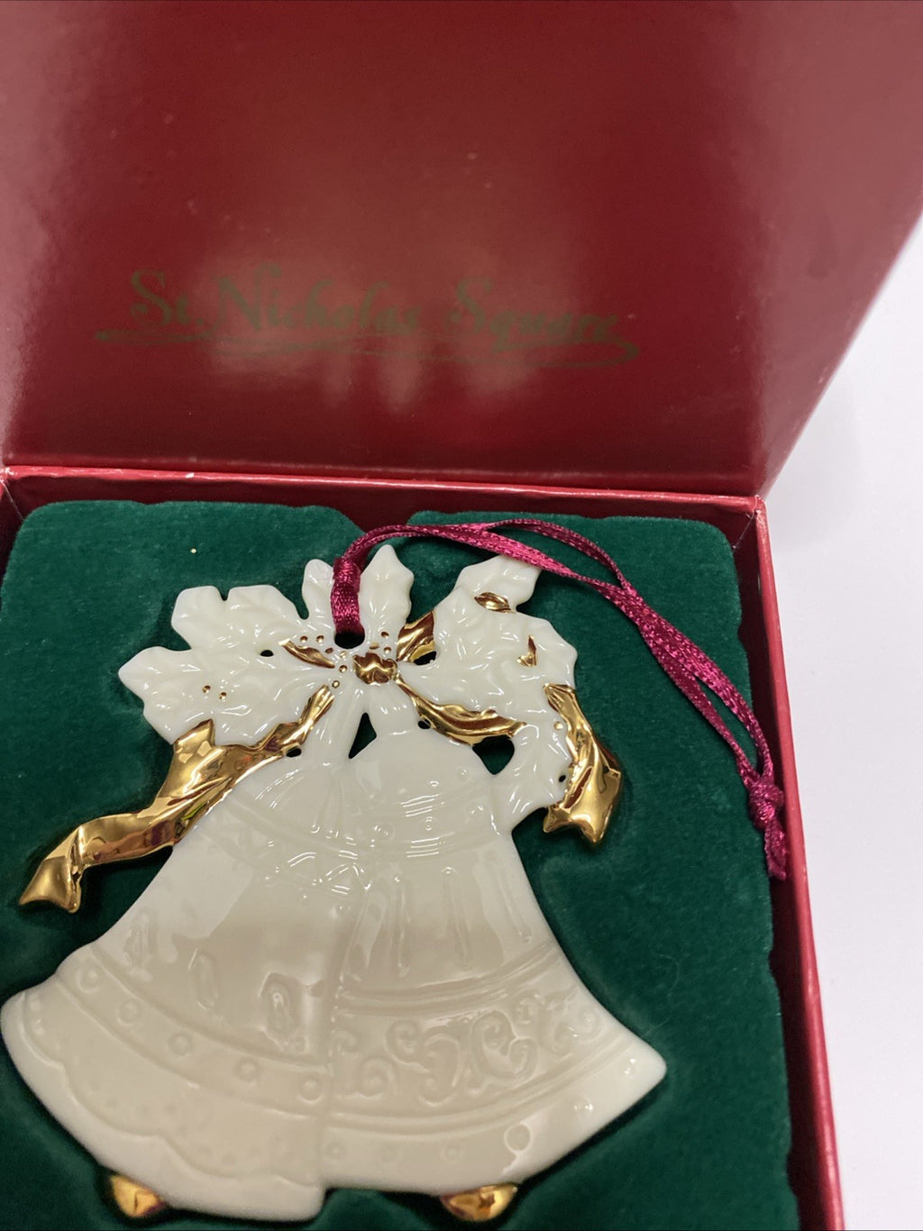 St. Nicholas Square Vintage Christmas Bell Ornament, White