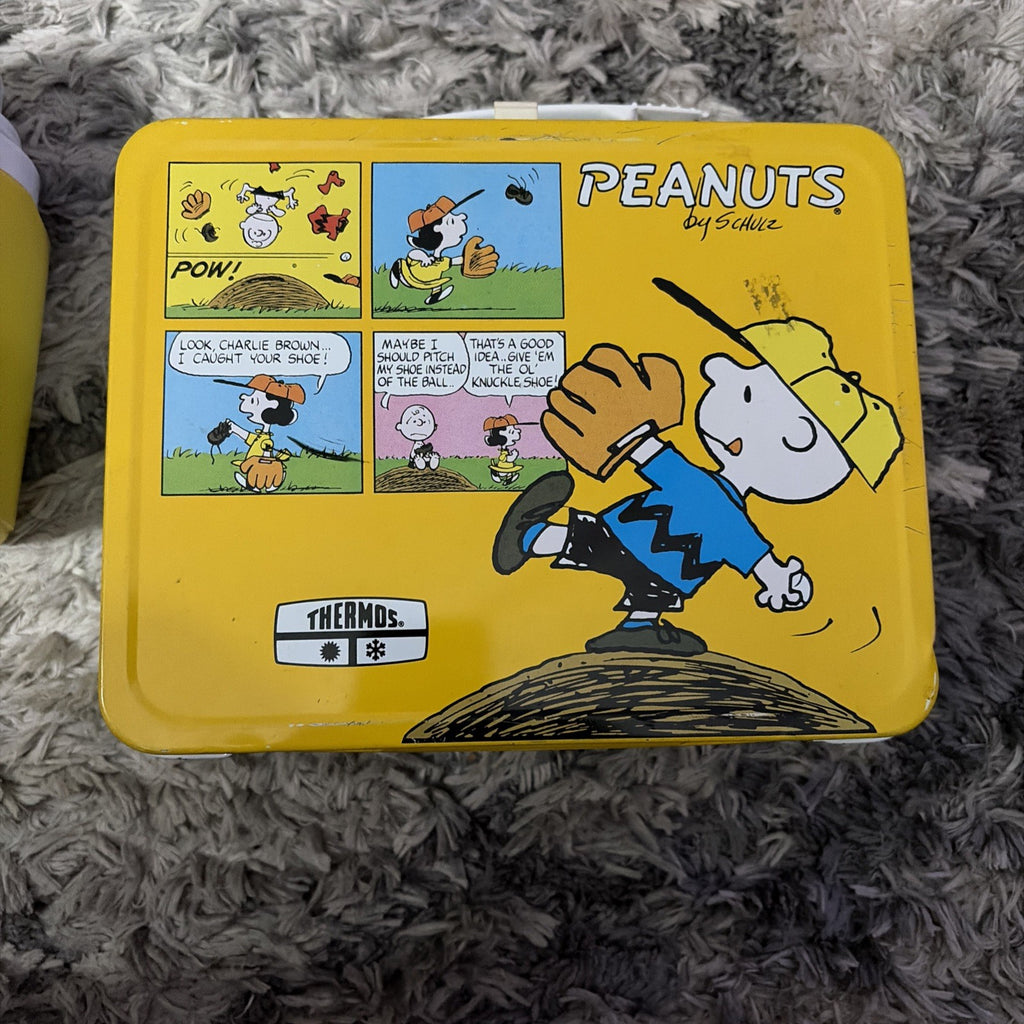 Vintage Peanuts Charlie Brown and Snoopy Metal Yellow Lunchbox & Thermos