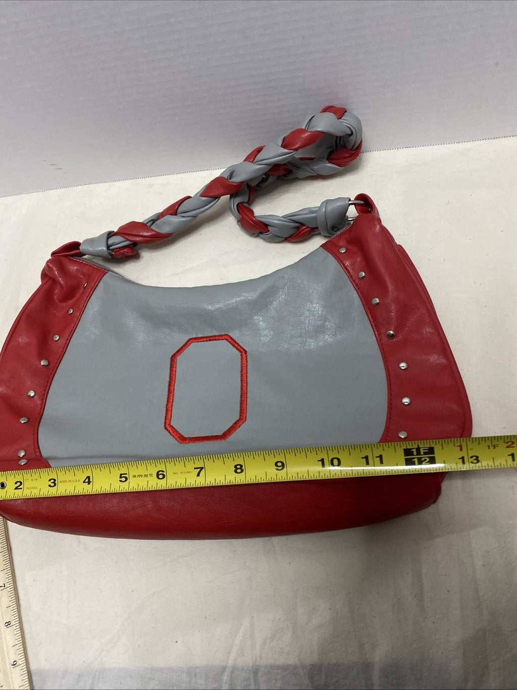 Ohio State Purse With Braided Scarlet And Gray Handle