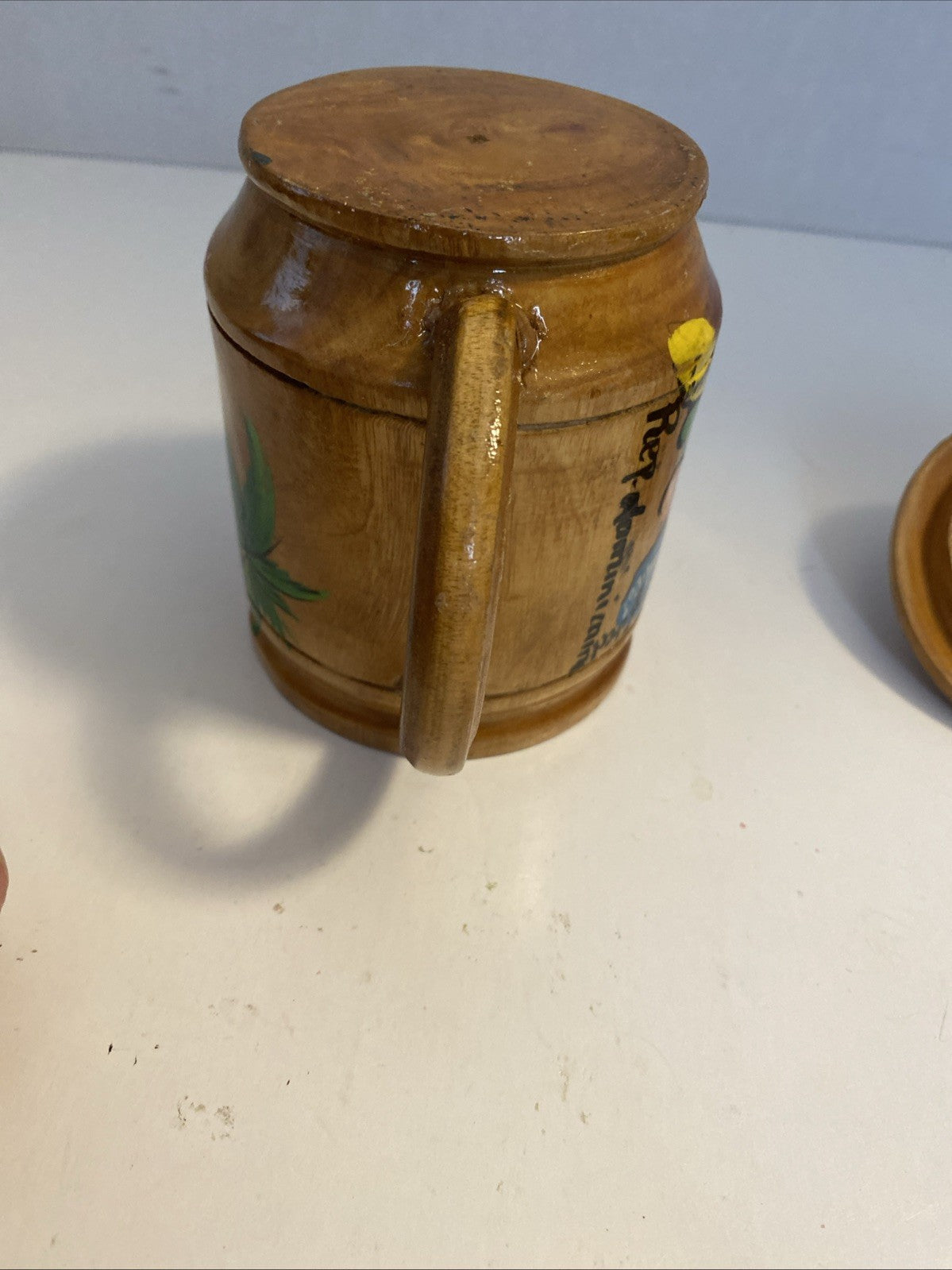 Republic of Haiti Handcrafted Turned Hand Painted Wood Tourist Cup Mug with Lid 