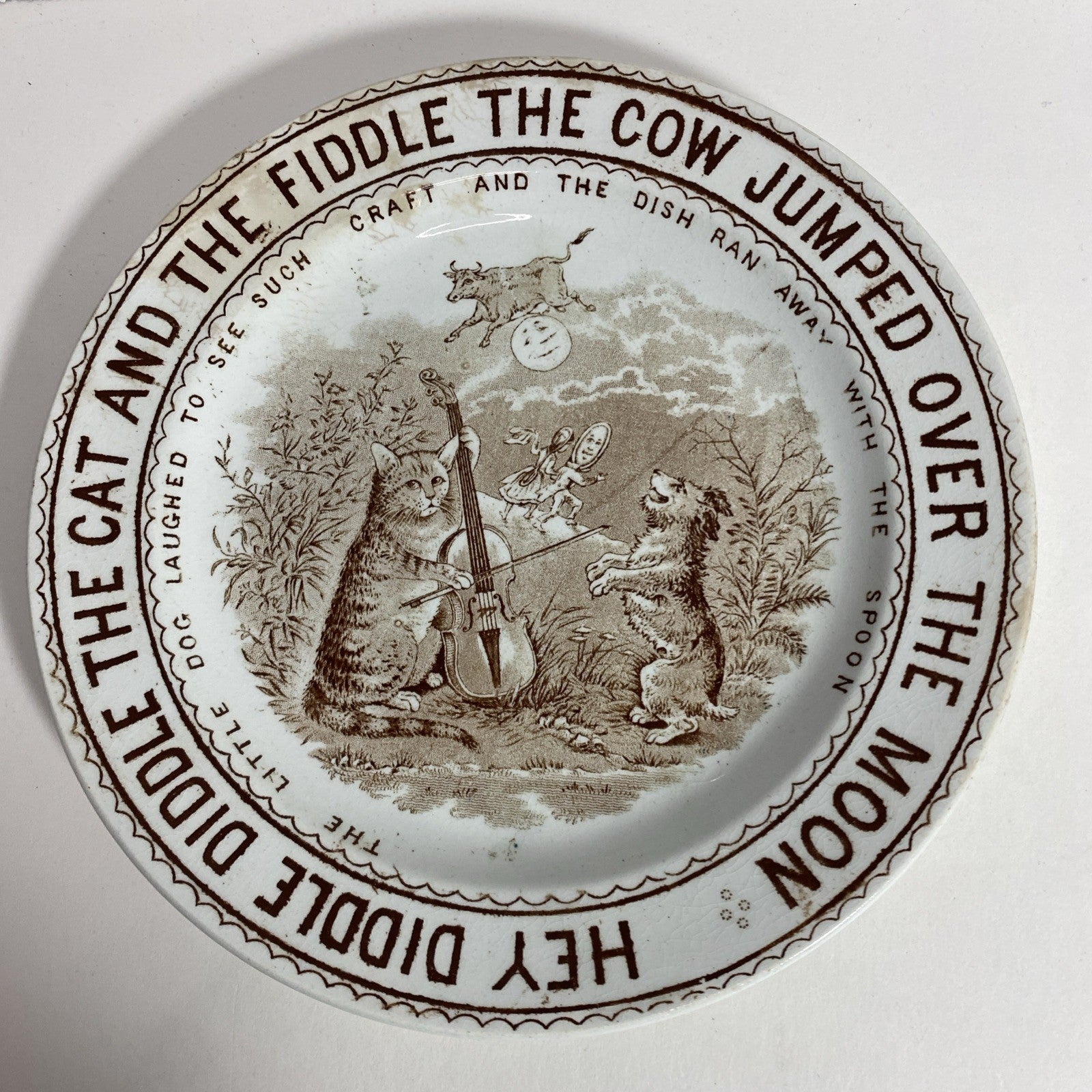 Antique English W&C Hanley Porcelain Nursery Rhyme Plates Cat Cow Fiddle