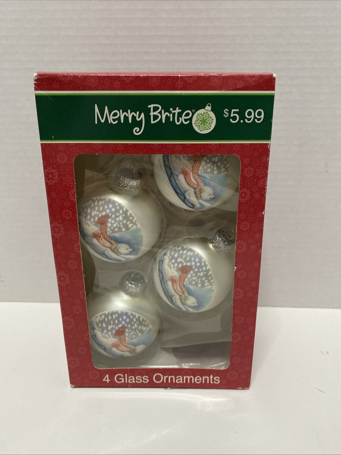 NIB 4 Merry Brite Round Christmas Ornaments Sledding Polar Bears