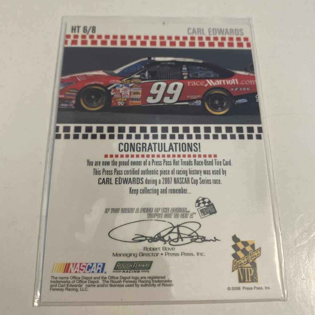 Carl Edwards Press Pass VIP Hot Threads Race-Used Tire 2008 Card #HT 6/8