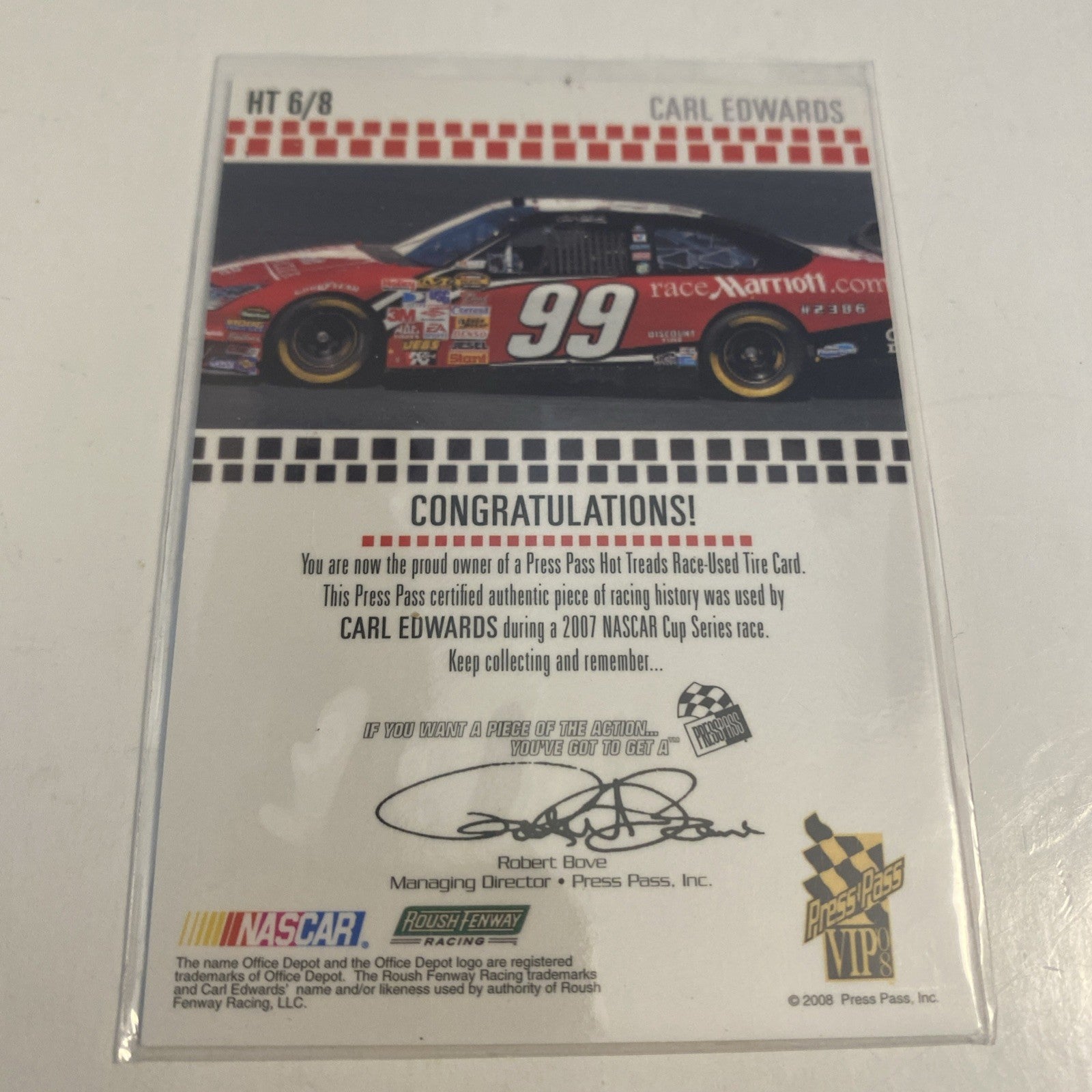 Carl Edwards Press Pass VIP Hot Threads Race-Used Tire 2008 Card #HT 6/8