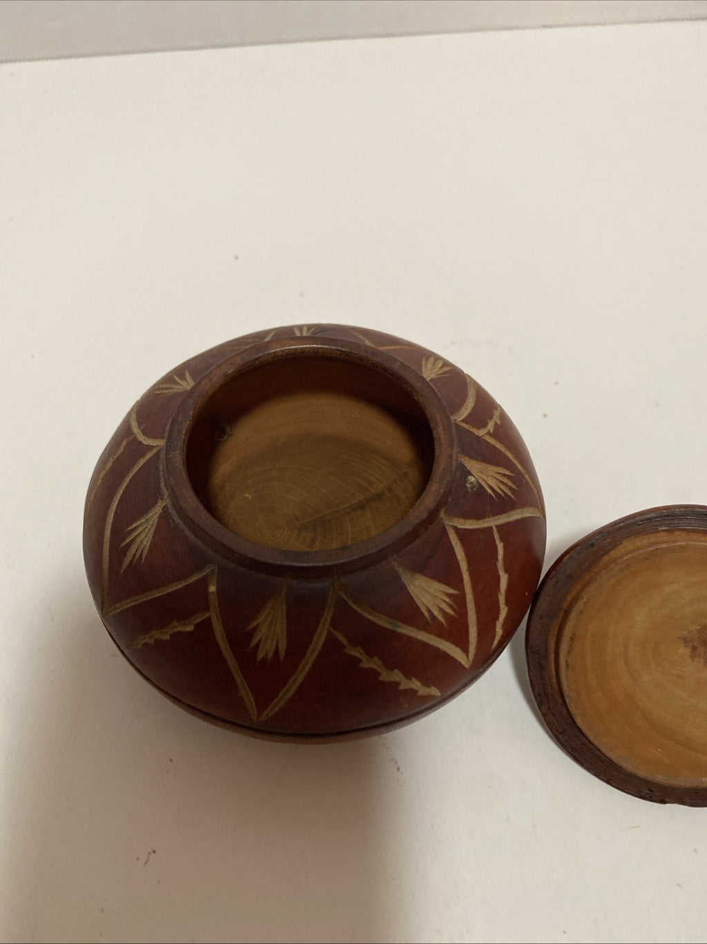 Vintage Hand Carved Wooden Trinket Box With Lid Swirl Design Small 5” Approx