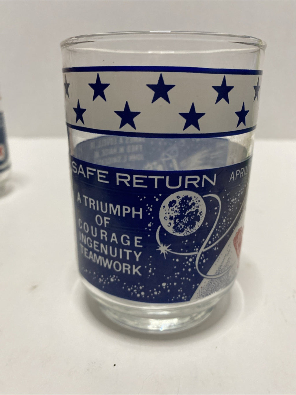 Vtg Libbey Glass NASA Apollo 13 Glass SAFE RETURN Aquarius astronaut￼ USA 1970s