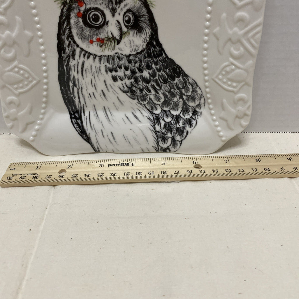 Christmas Owl with Mistletoe Curved Handle Porcelain Square Salad Plate