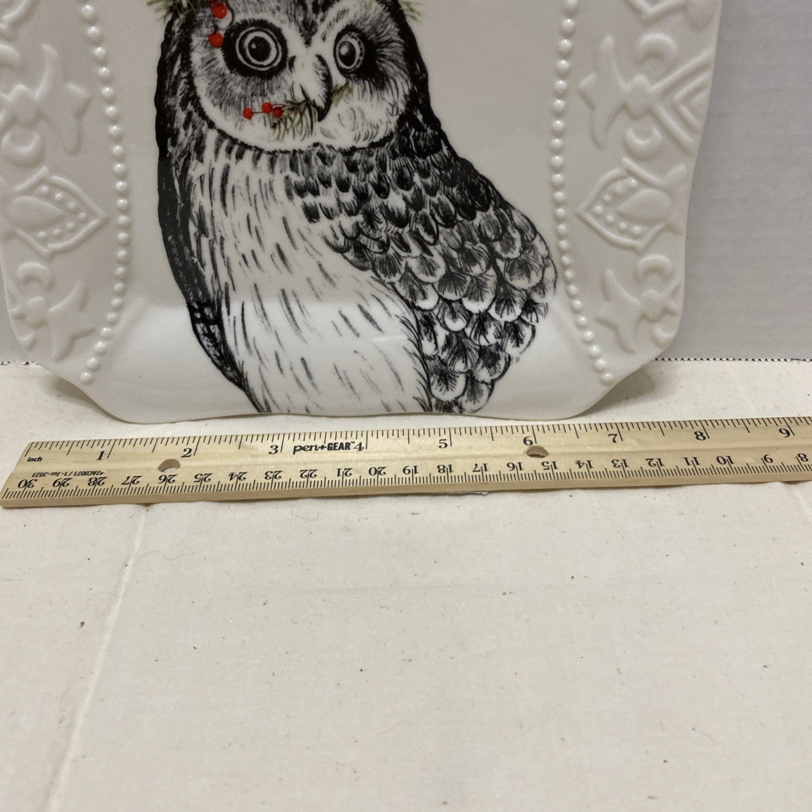 Christmas Owl with Mistletoe Curved Handle Porcelain Square Salad Plate