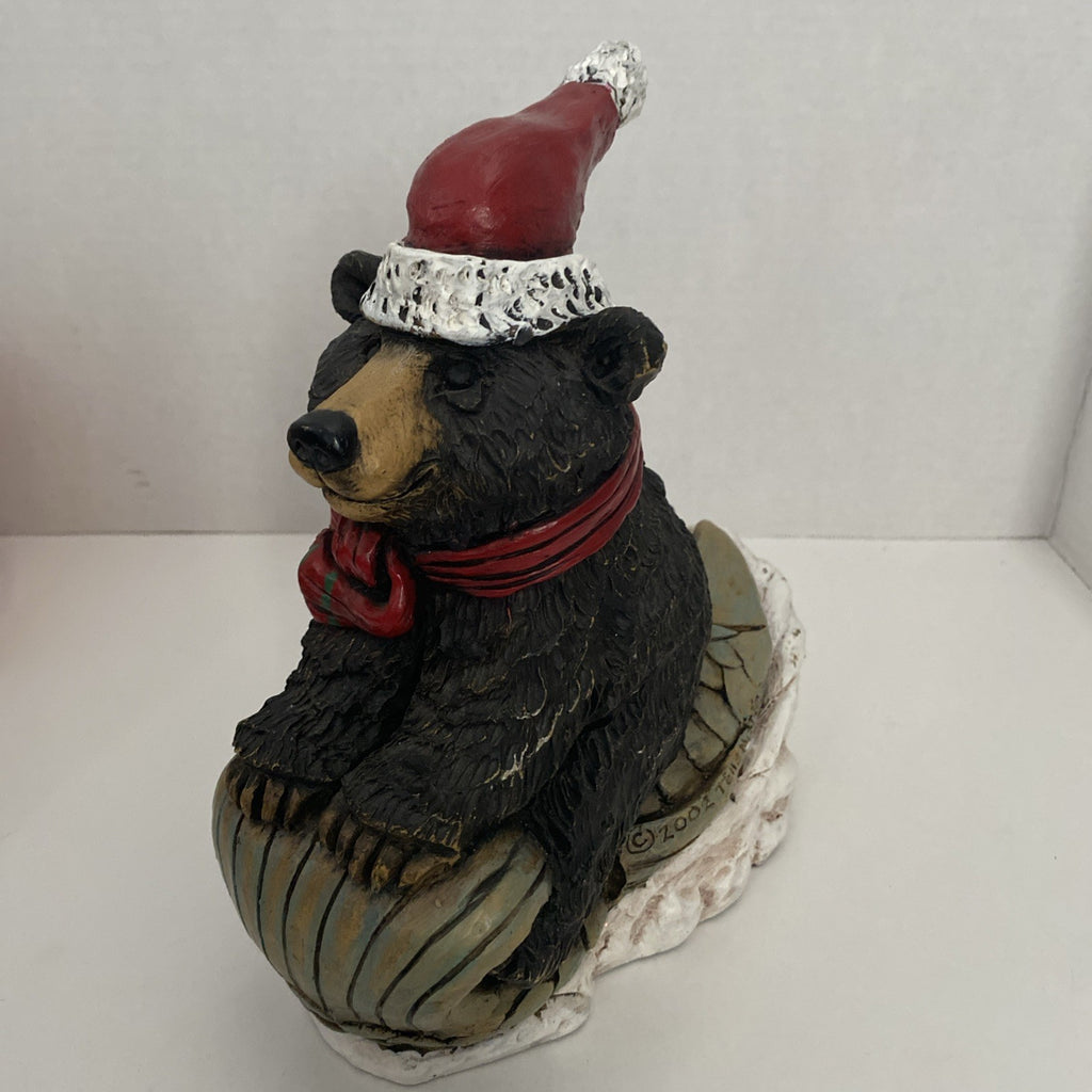 Stone Bunny Inc Bear Sleigh Ridd 9.75" Statue Christmas Fish 2002 Telle M Stein