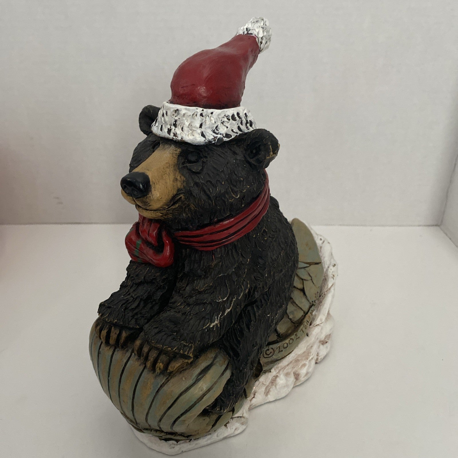Stone Bunny Inc Bear Sleigh Ridd 9.75" Statue Christmas Fish 2002 Telle M Stein