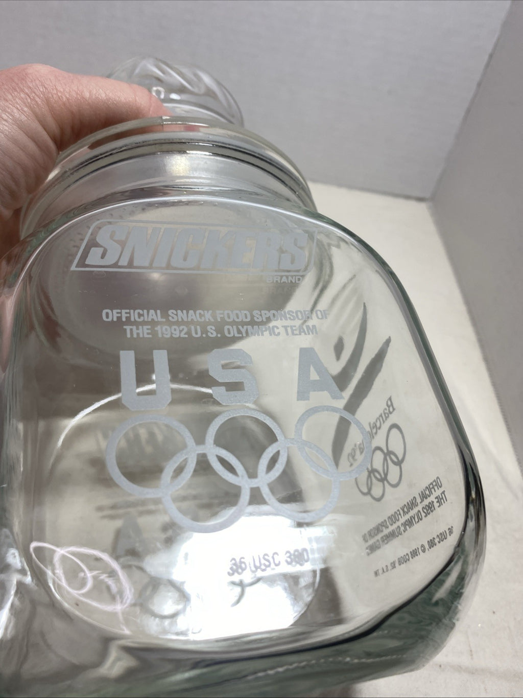 Vintage 1992 OLYMPIC Games SNICKERS Glass Candy Jar with Lid 90s