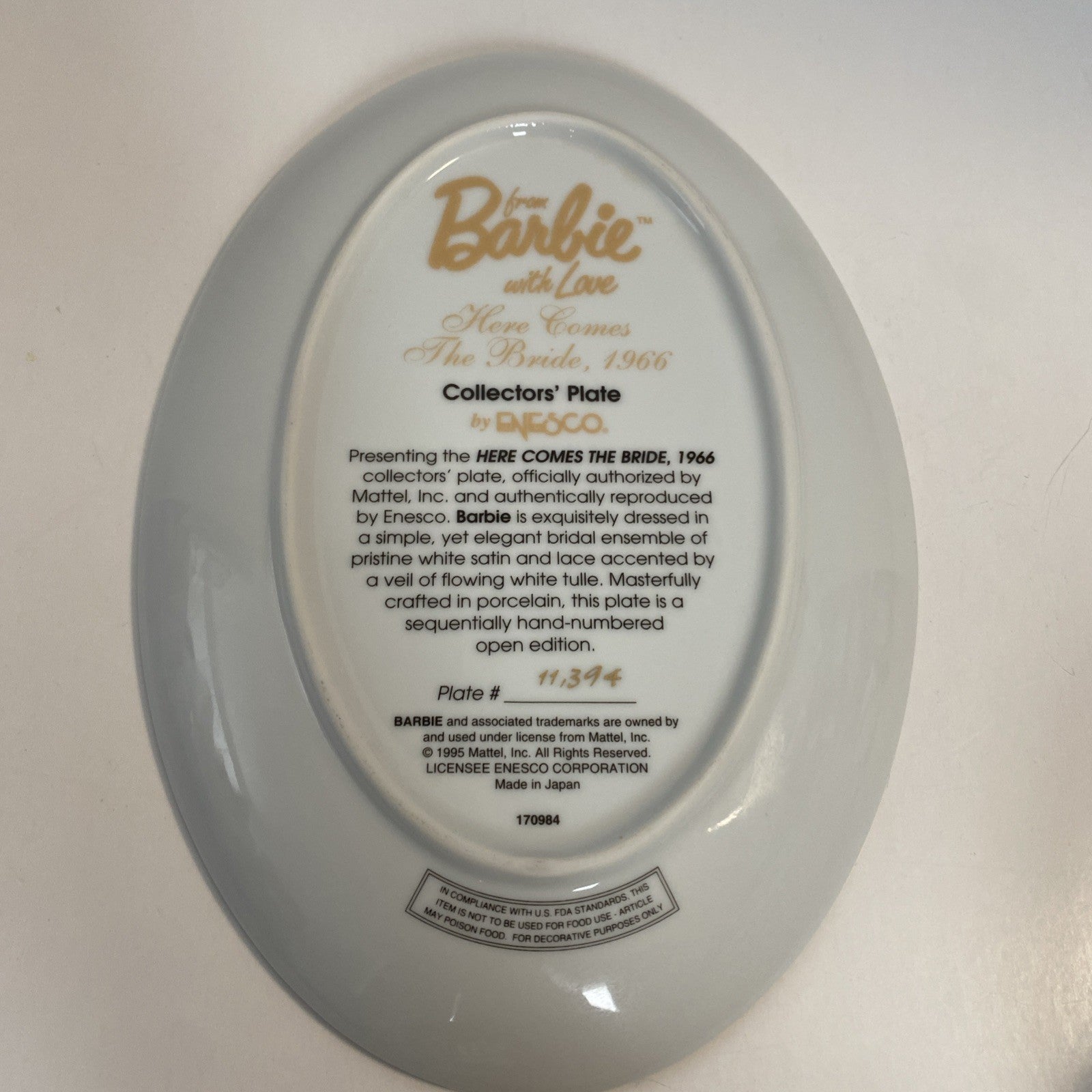 Enesco Barbie Collectors Plate Here Comes The Bride 1966 Limited Edition #11394